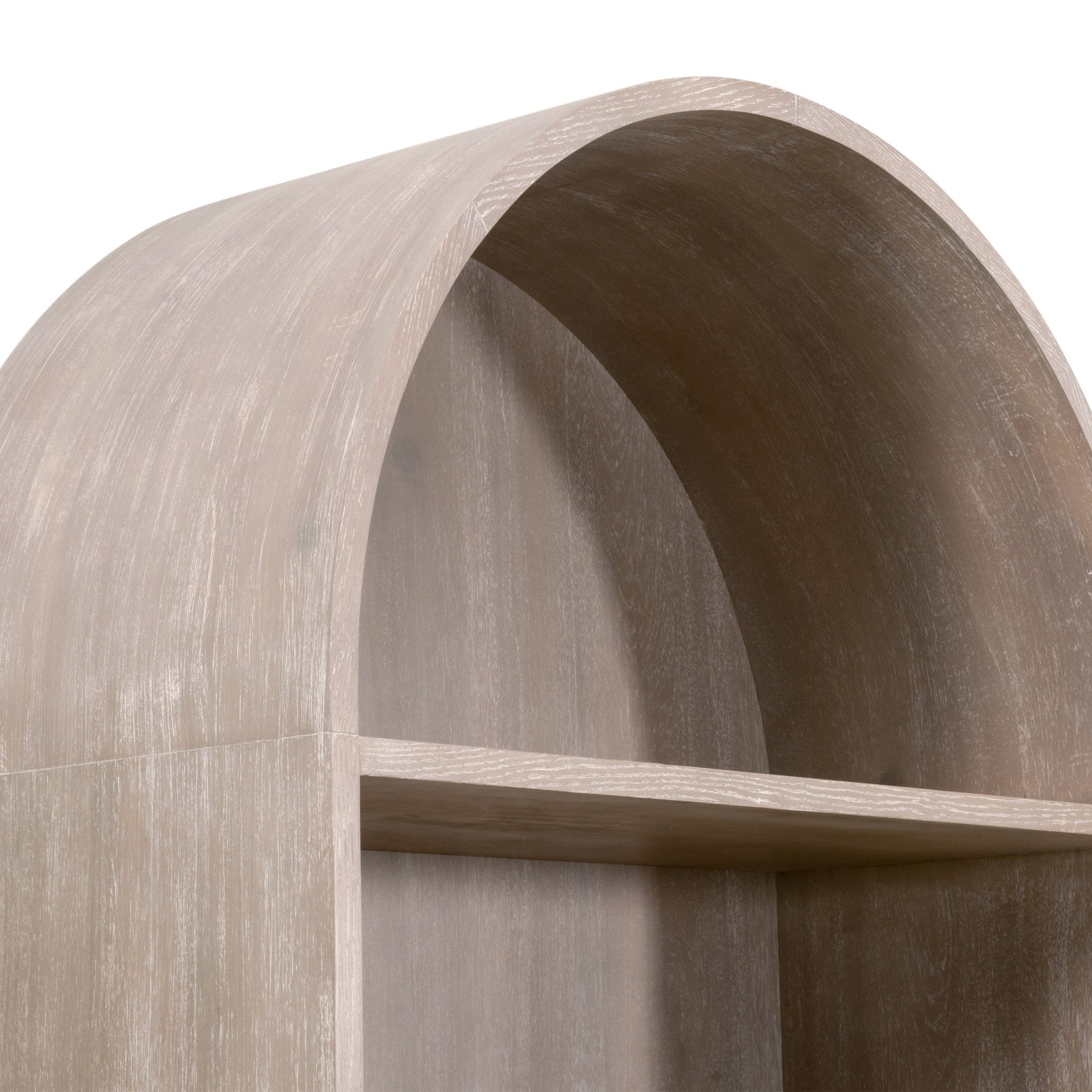 Close-up of natural gray acacia Morris Storage Bookcase top shelf with curved architectural design by Essentials for Living