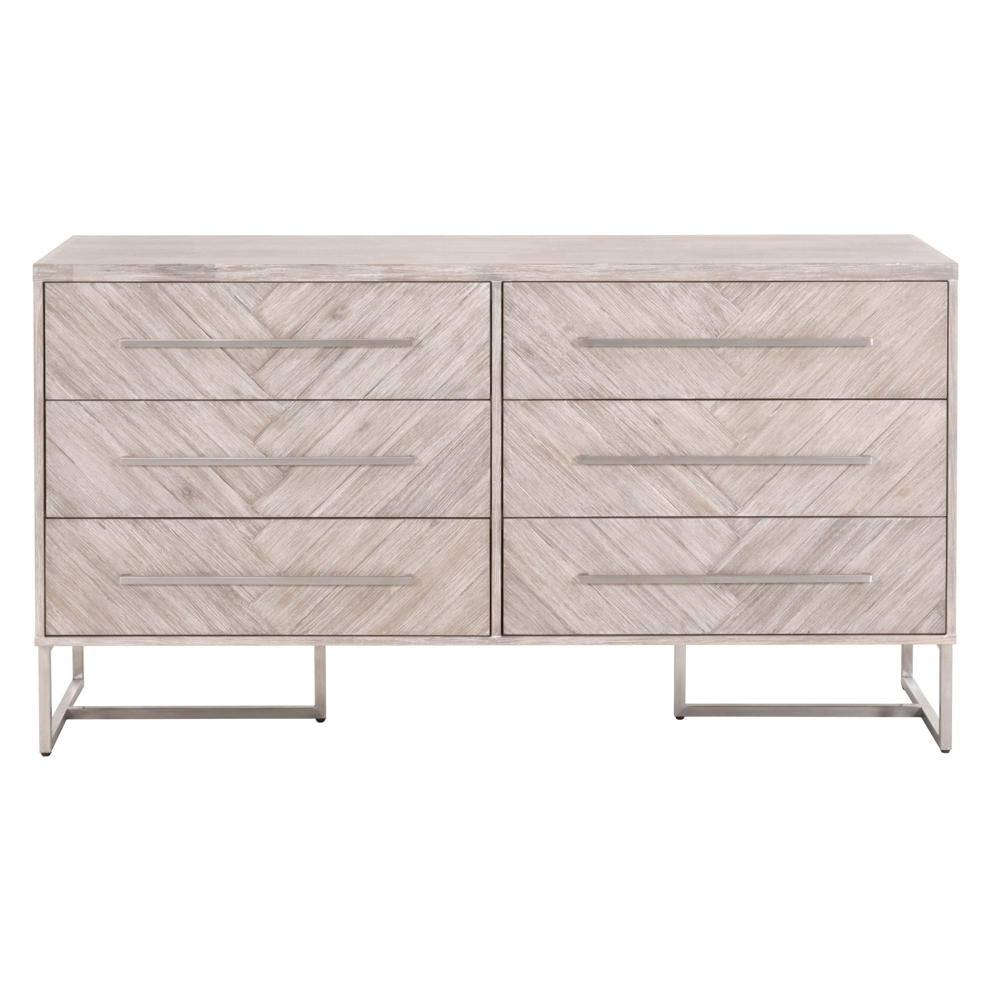 Mosaic 6-Drawer Double Dresser with herringbone acacia veneer and stainless steel base by Essentials for Living.