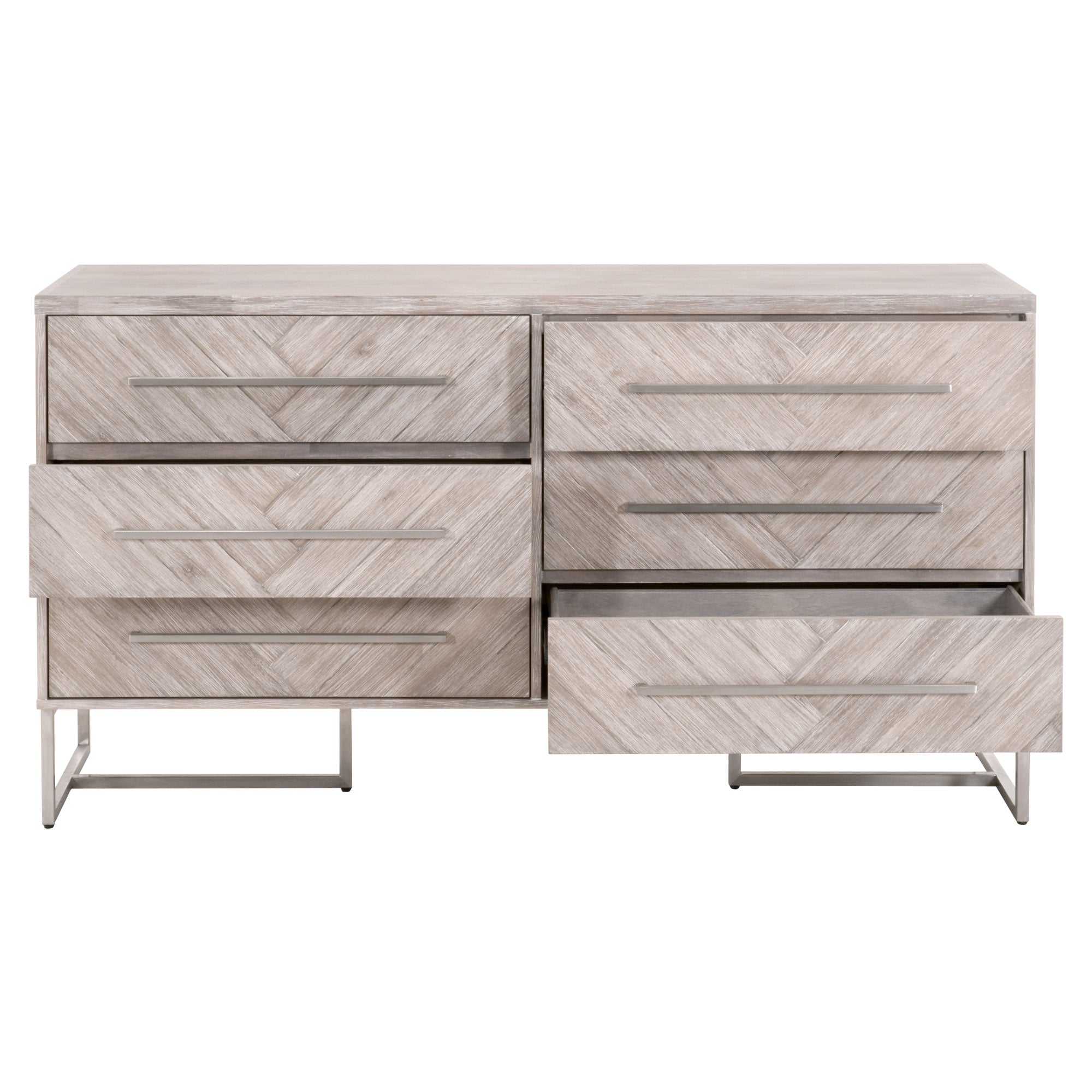 Mosaic 6-Drawer Double Dresser in natural gray acacia veneer with brushed stainless steel base by Essentials for Living