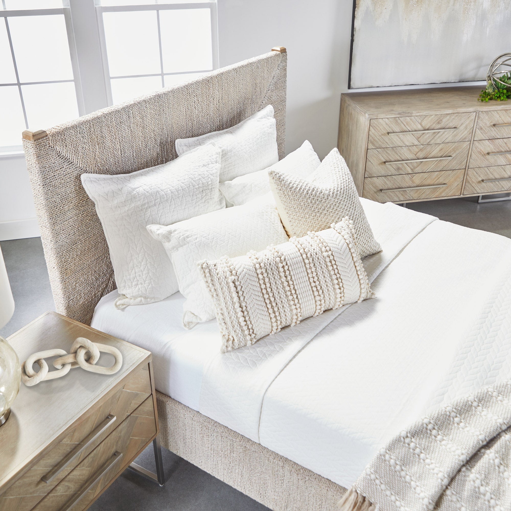 Mosaic 6-Drawer Double Dresser in natural gray acacia veneer with herringbone drawers by Essentials for Living.