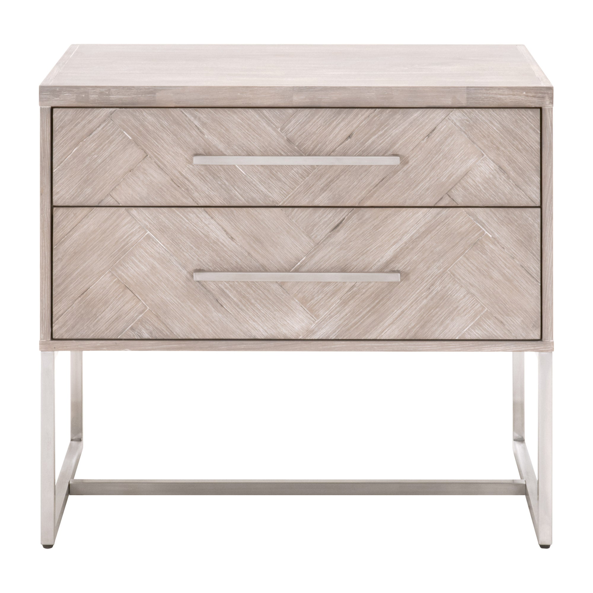 Mosaic 2-Drawer Nightstand with natural gray acacia veneer and brushed stainless steel base by Essentials for Living