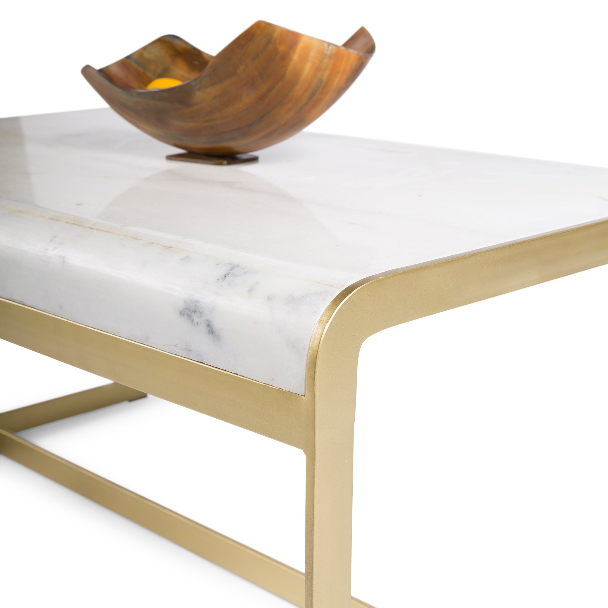 Close-up of New York Coffee Table with white marble top and gold iron base by GO HOME