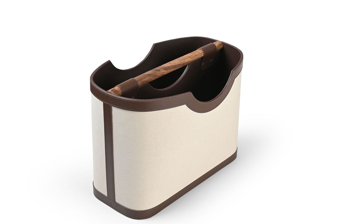 Nola Magazine Basket in linen with leather trim and dual-handle design