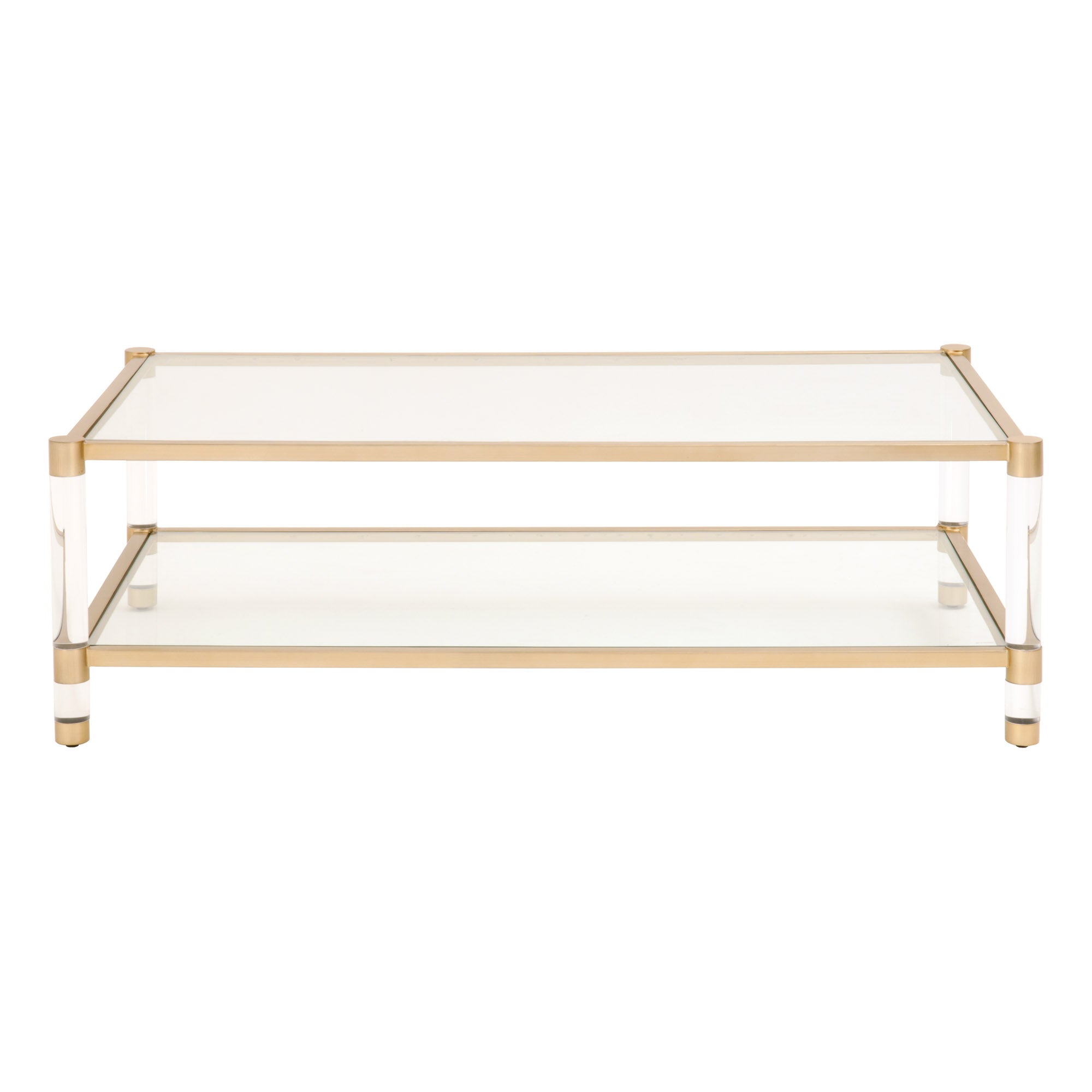 Nouveau Coffee Table with brushed brass frame, clear tempered glass, and Lucite legs by Essentials For Living
