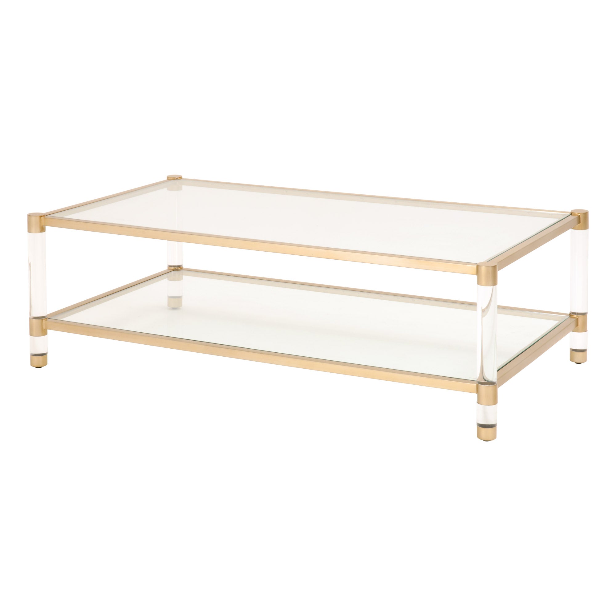 Nouveau Coffee Table with brushed brass frame, clear tempered glass, and Lucite legs by Essentials For Living.