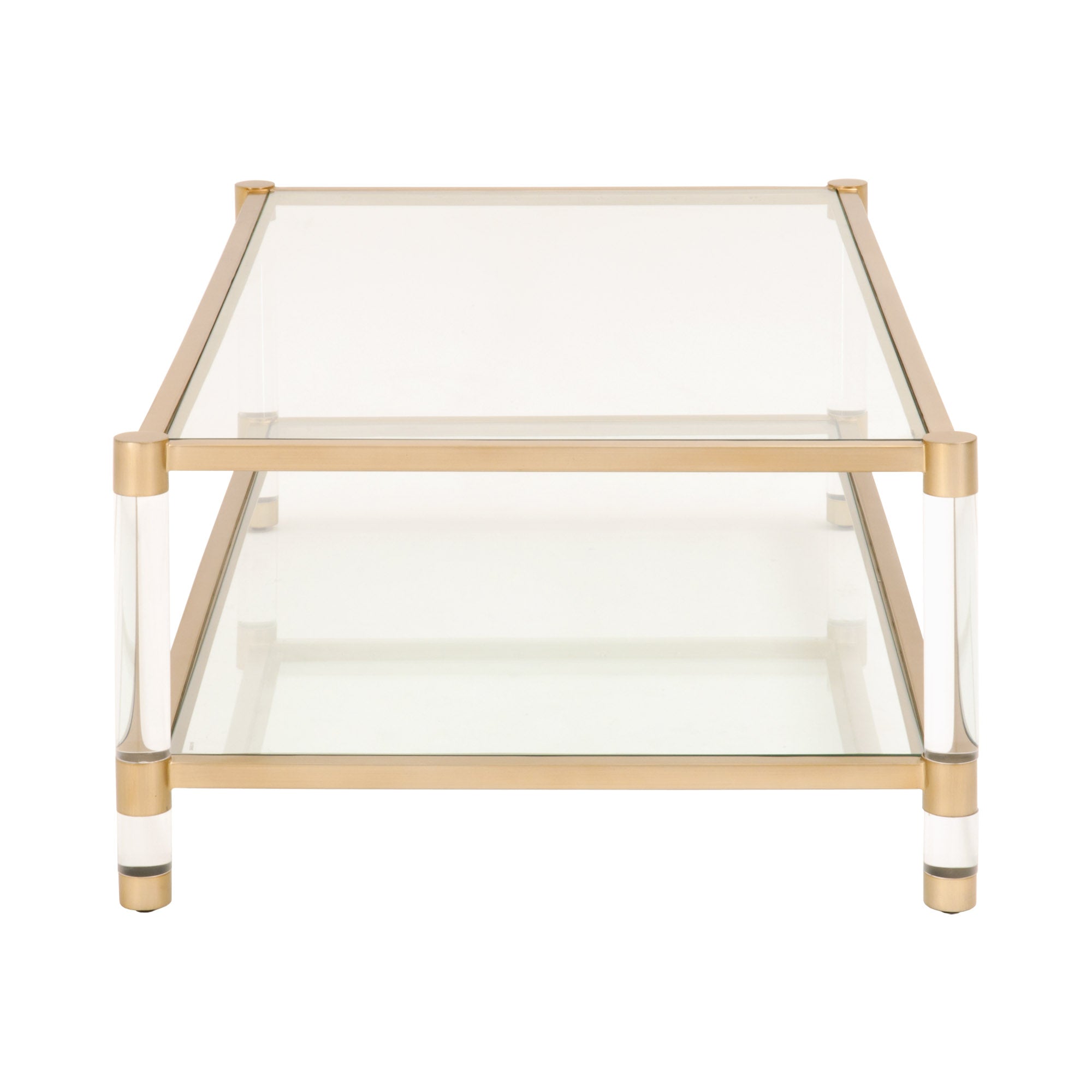 Nouveau Coffee Table with brushed brass frame, clear tempered glass, and Lucite legs by Essentials for Living.