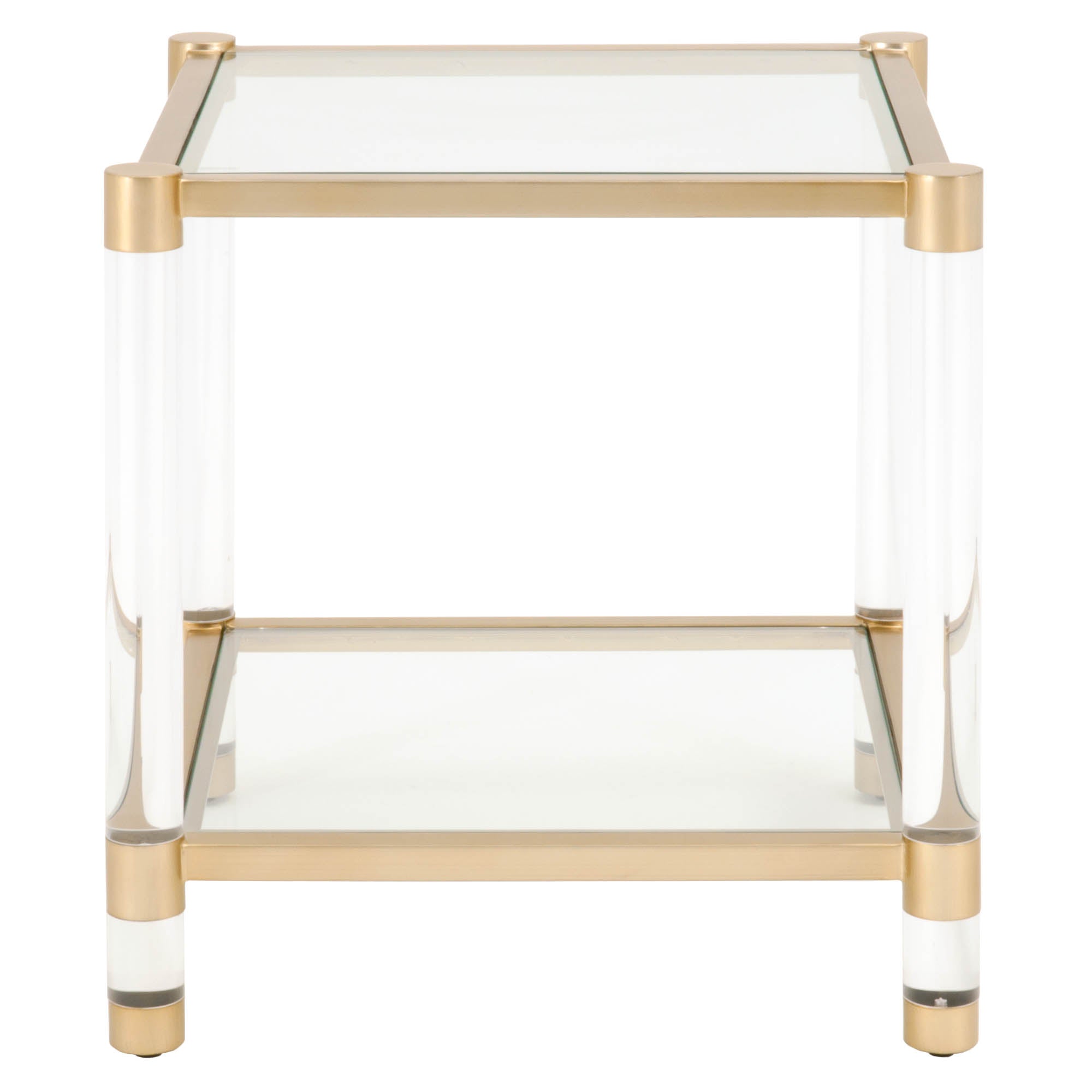 Nouveau End Table with brushed brass frame, clear glass shelves, and Lucite acrylic legs by Essentials For Living
