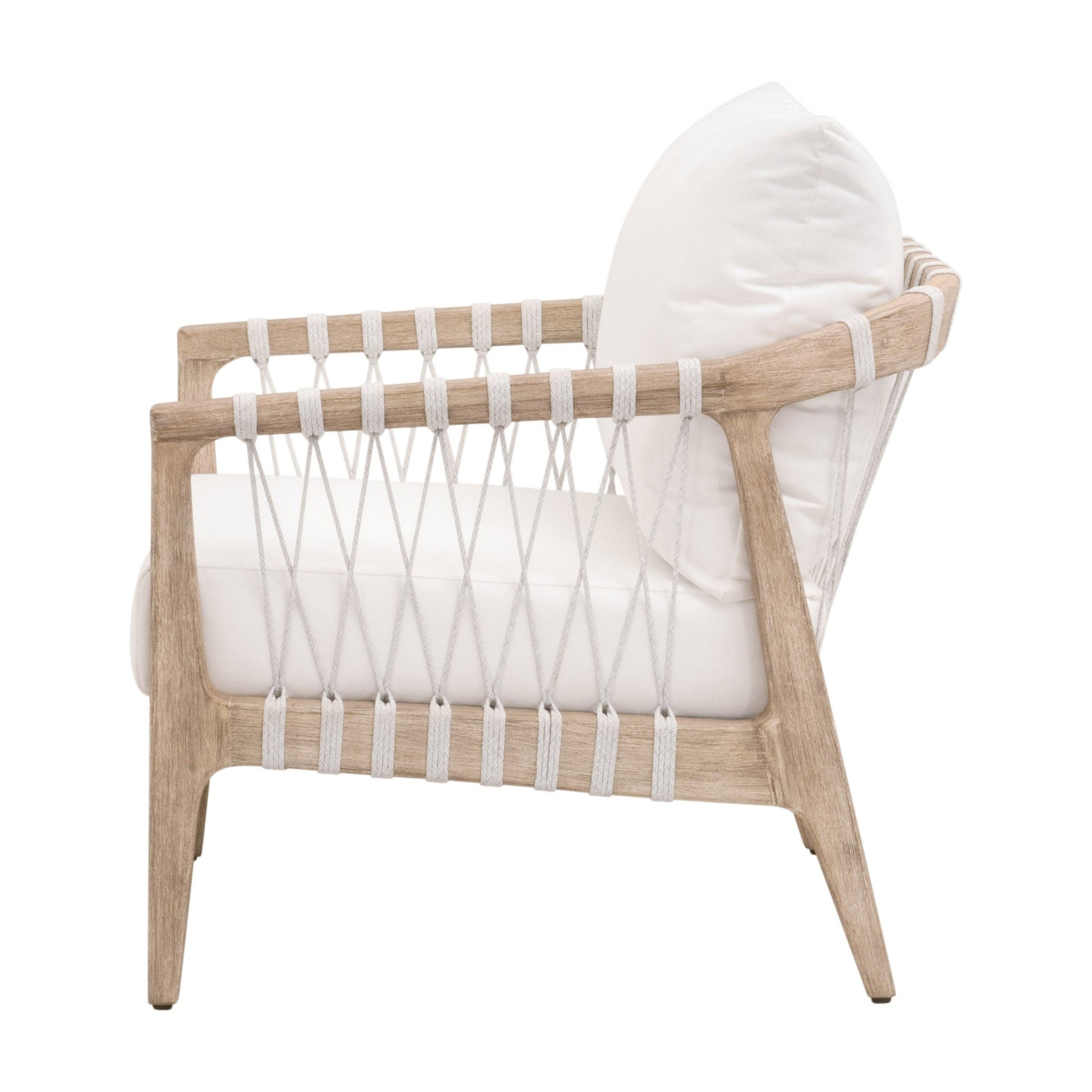 Side view of Pacific Club Chair with natural gray mahogany frame and white speckle flat rope by Essentials for Living