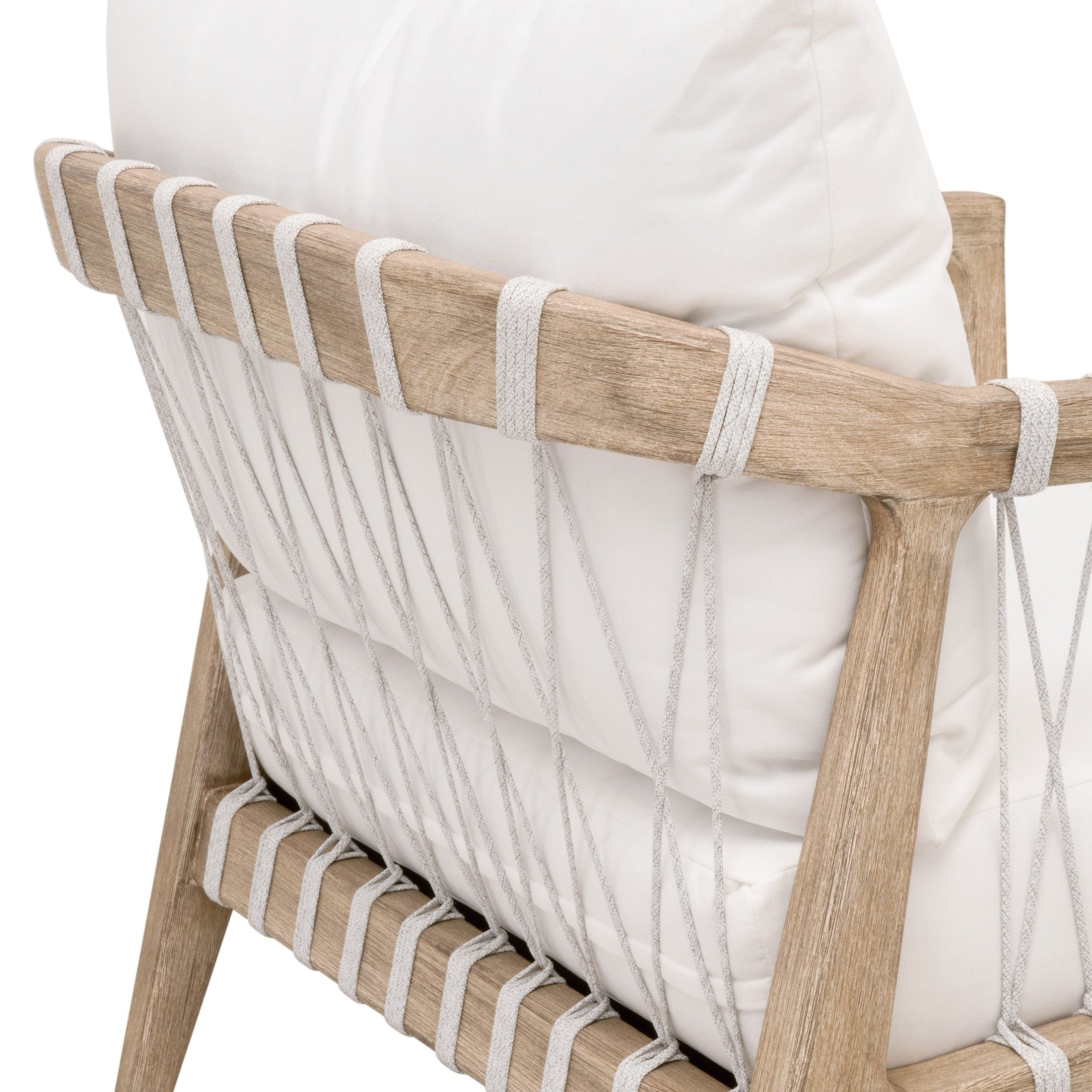 Close-up of Pacific Club Chair white speckle flat rope backrest and natural gray mahogany frame by Essentials for Living