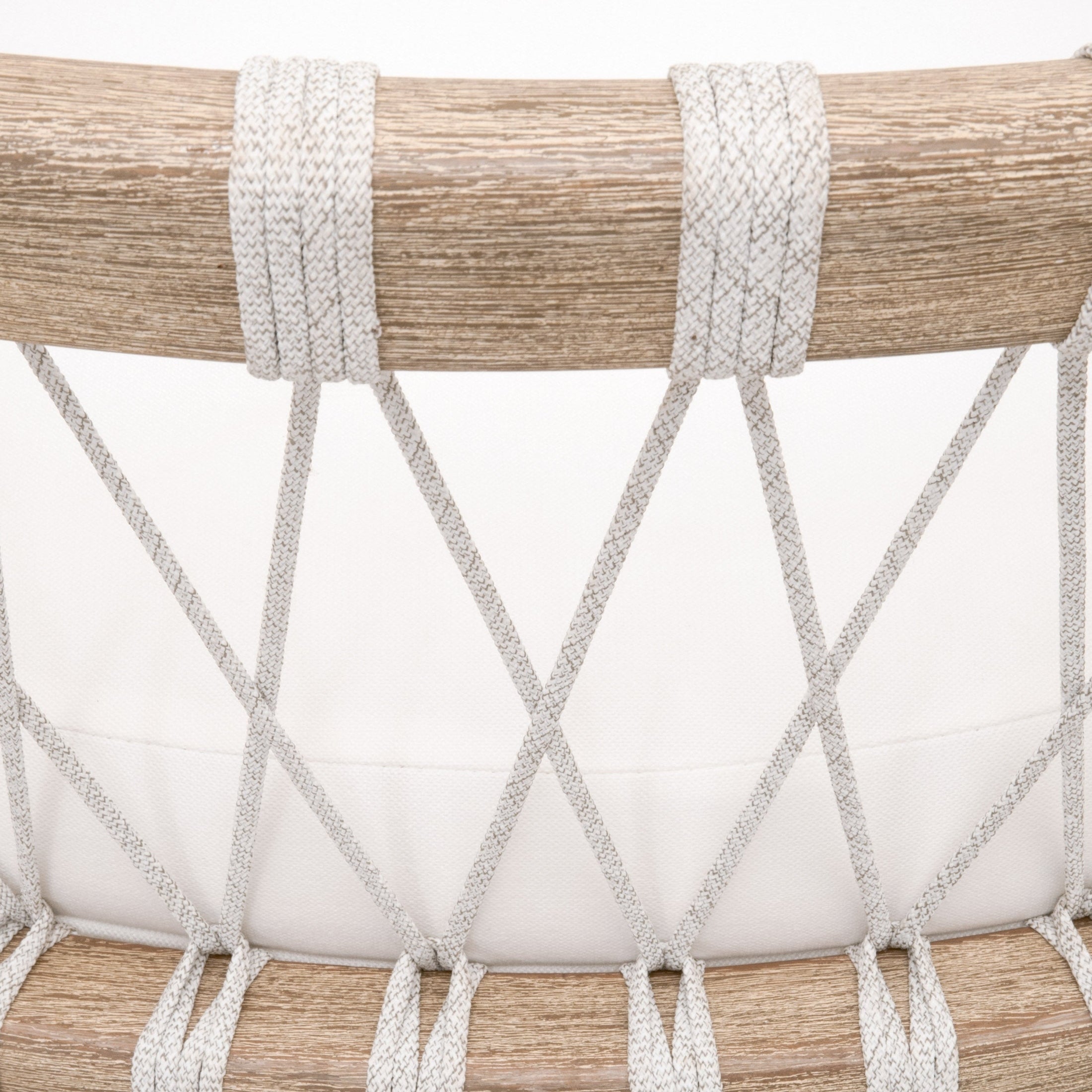Close-up of Pacific Counter Stool white speckle rope backrest and natural gray mahogany frame by Essentials for Living