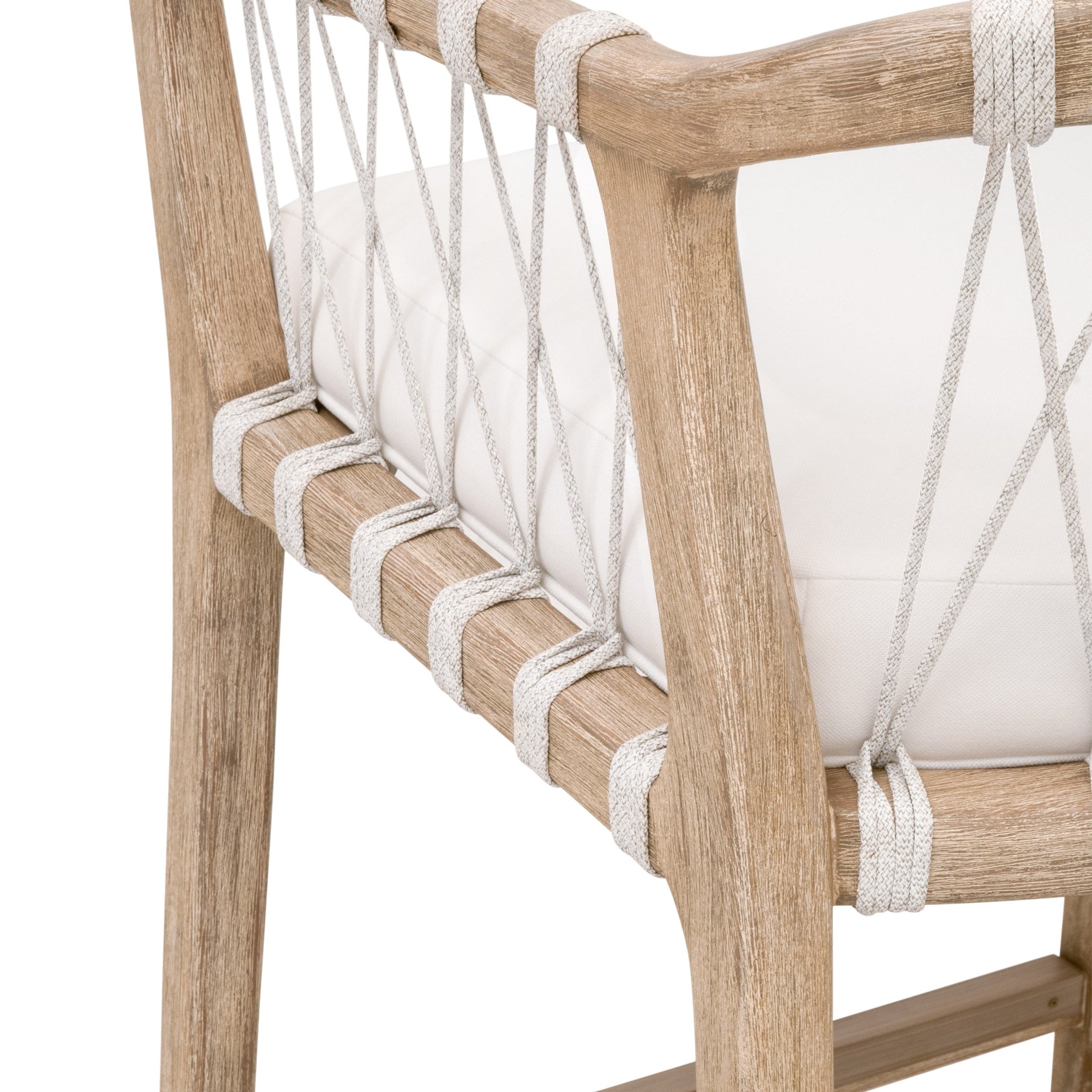 Close-up of natural gray mahogany Pacific Counter Stool with white speckle flat rope backrest by Essentials for Living