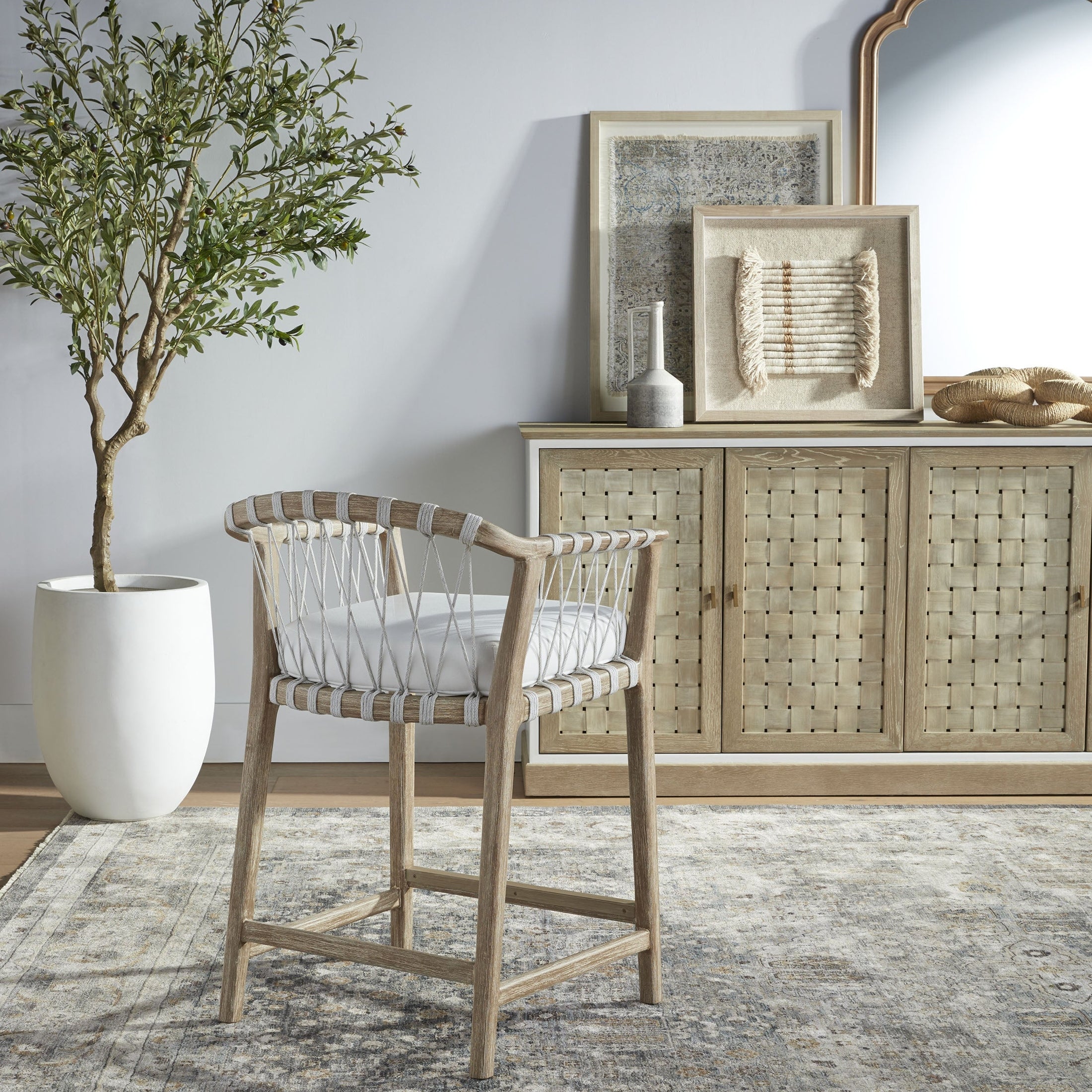Pacific Counter Stool with natural gray mahogany frame and white speckle rope back by Essentials for Living