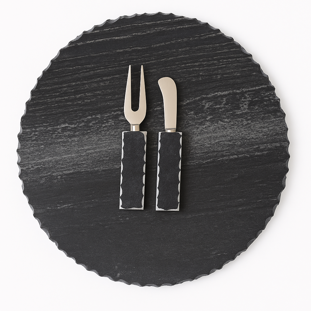 Palace Plate Set in black and white marble, round cheeseboard with utensils