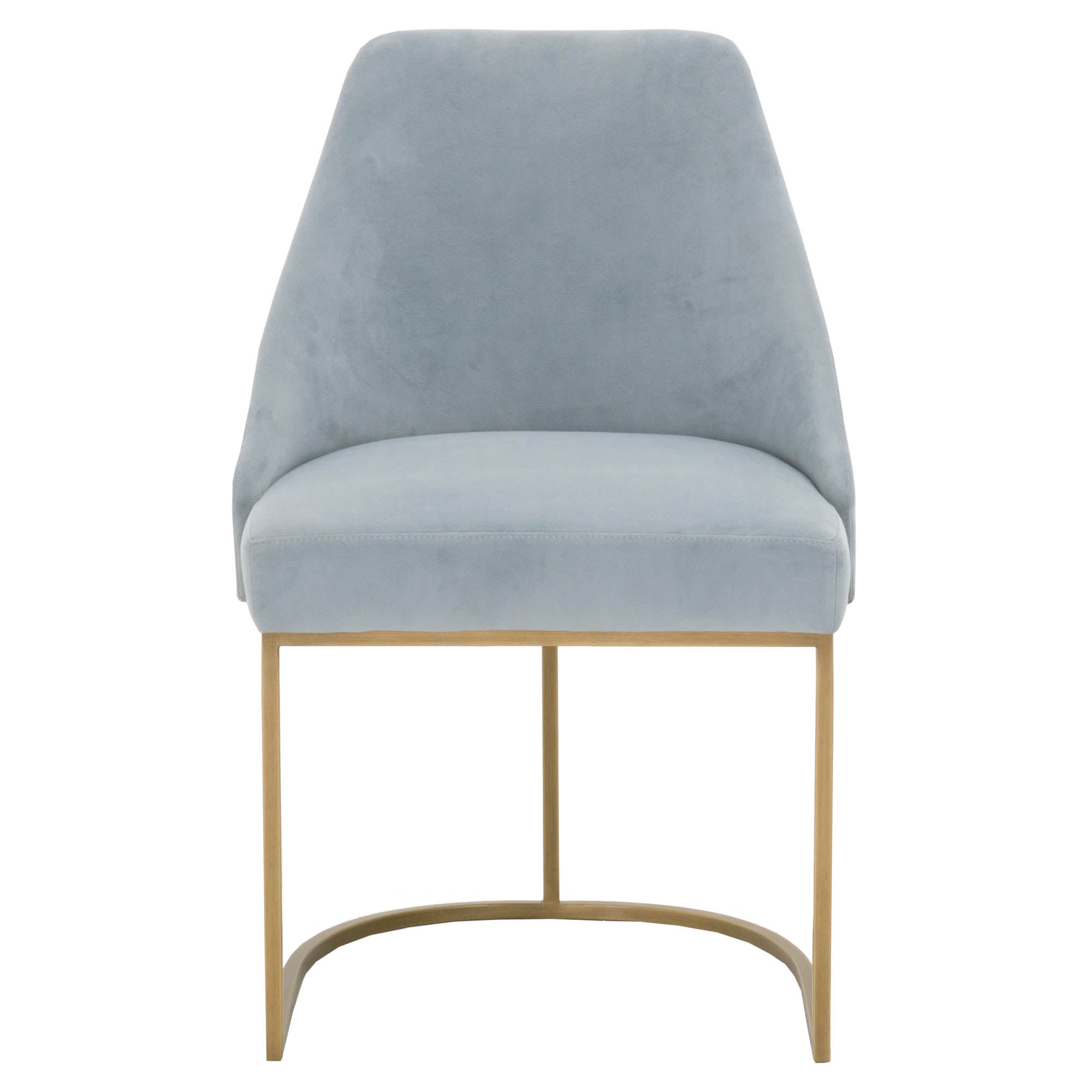 Essentials for Living dining chair in soft blue velvet with curved brushed gold metal cantilever frame and ergonomic design