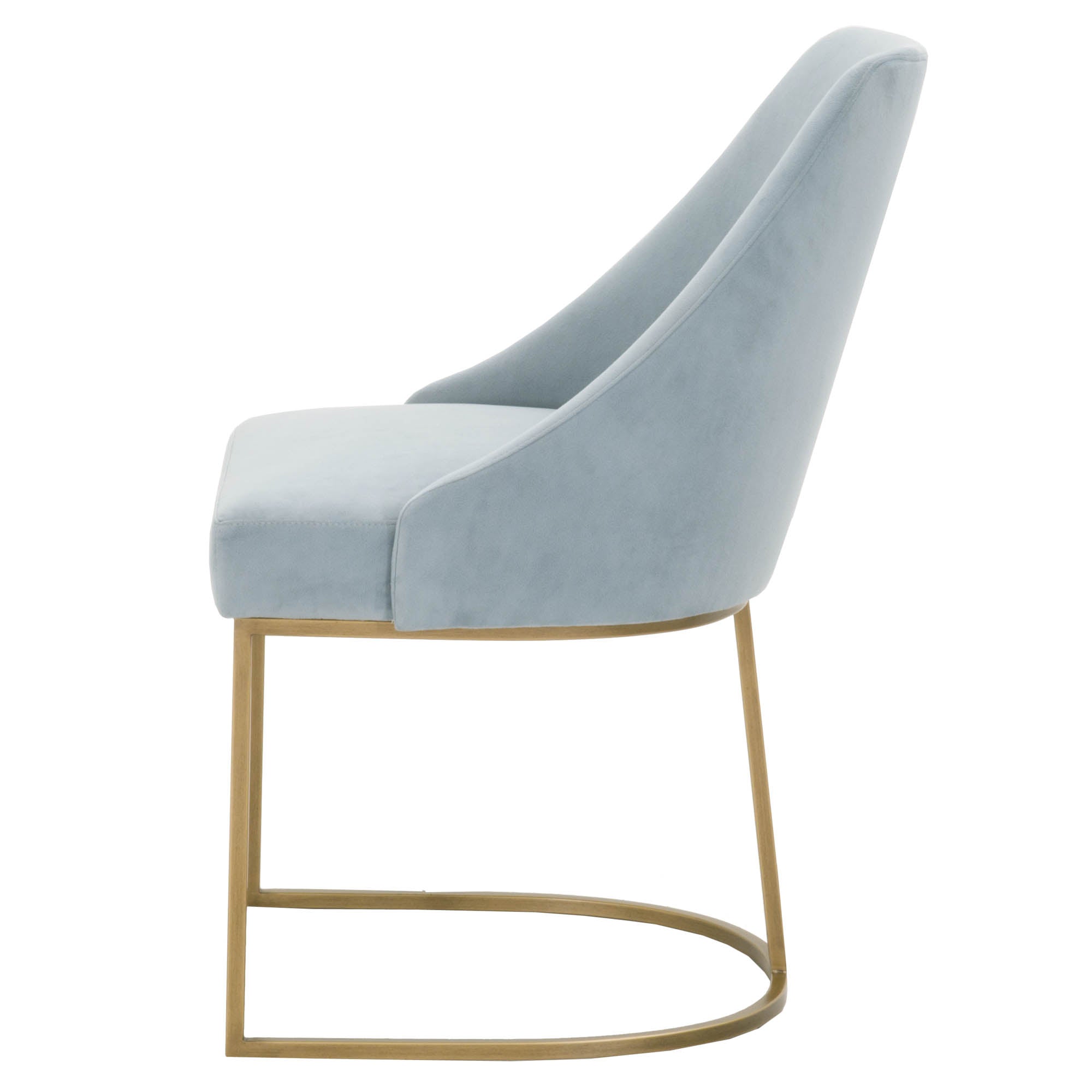 Side view of a modern dining chair with light blue upholstery and gold cantilever steel frame by Essentials For Living