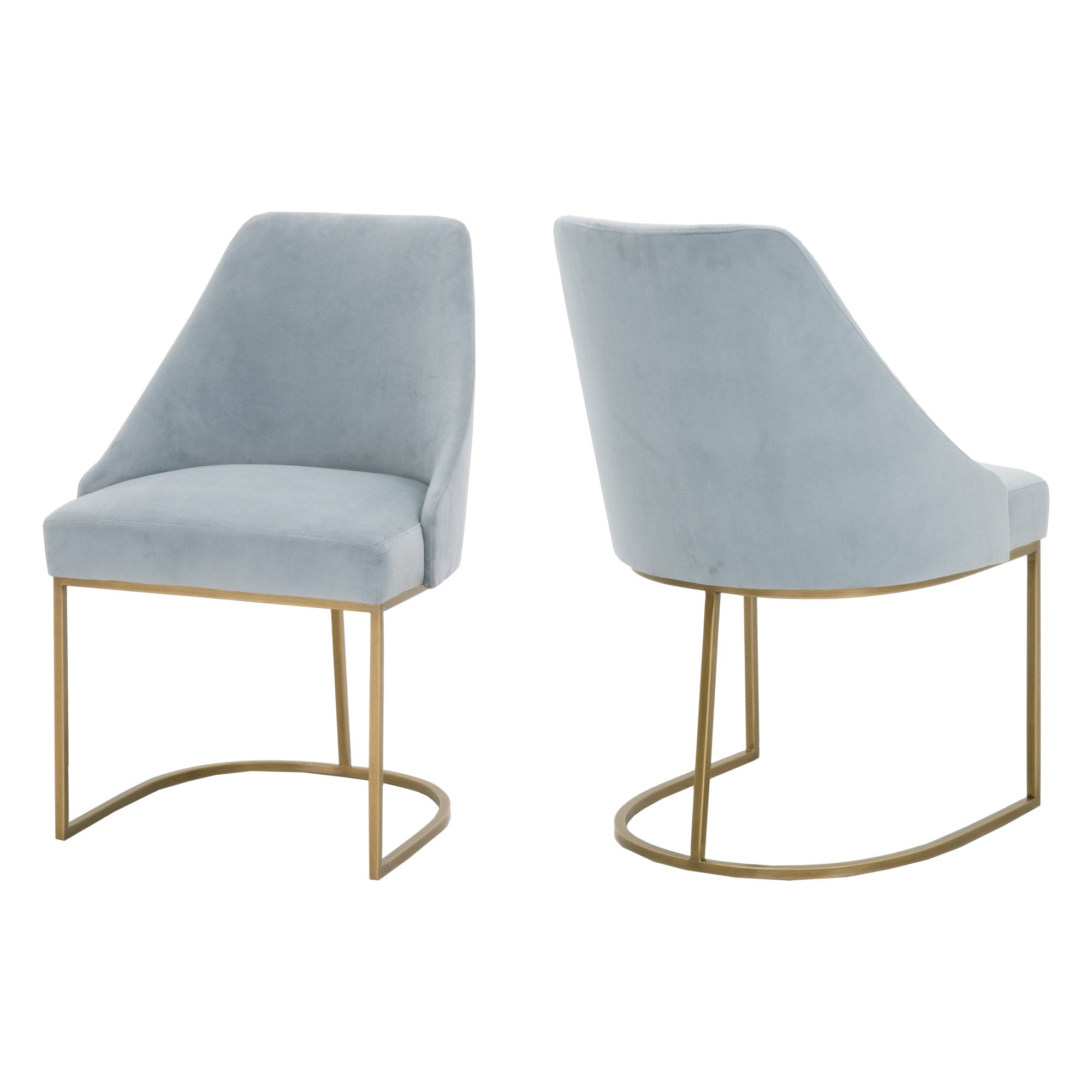Set of two modern dining chairs with light blue upholstery and brushed gold steel cantilever frames.