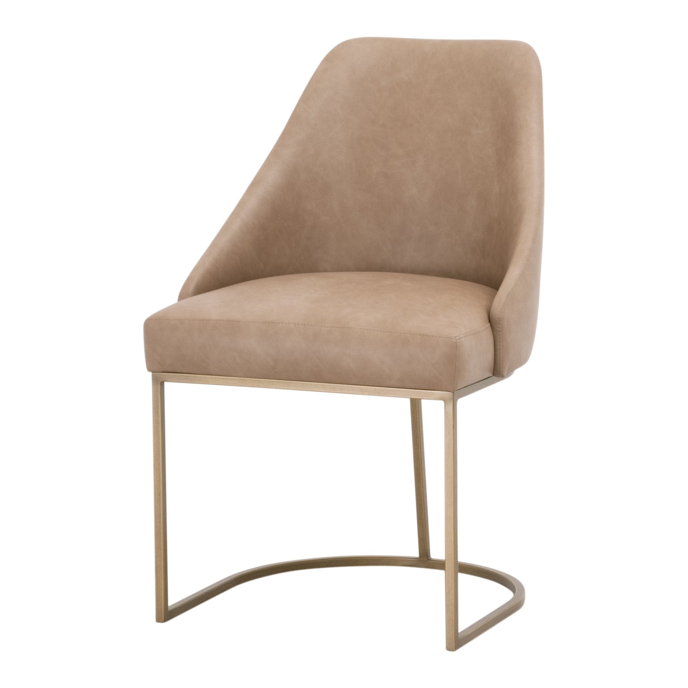 Contemporary dining chair with Ivanhoe Toast vegan leather upholstery and brushed gold cantilever frame by Essentials for Living