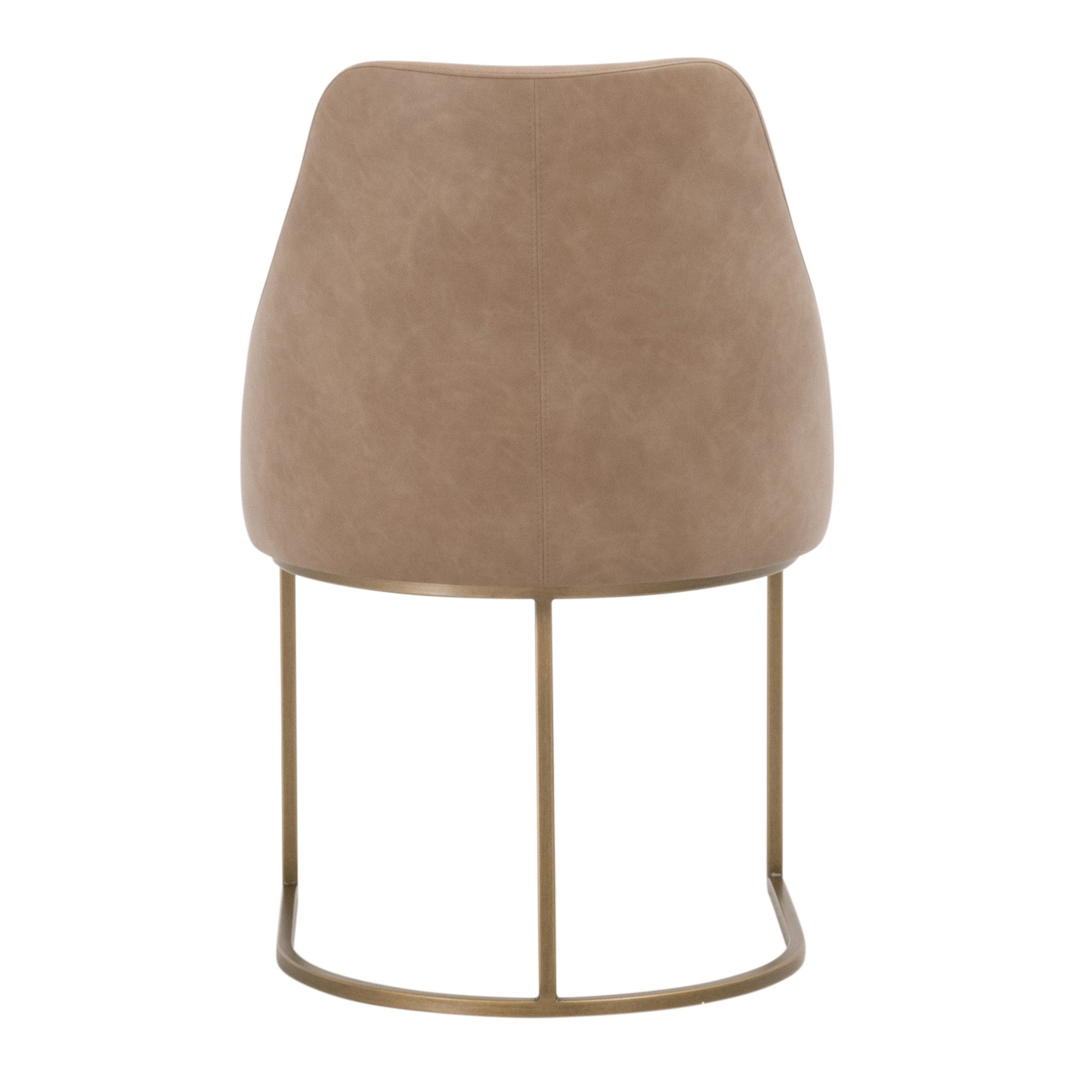 Back view of Parissa Dining Chair in Ivanhoe Toast vegan leather with brushed gold steel cantilever frame by Essentials for Living