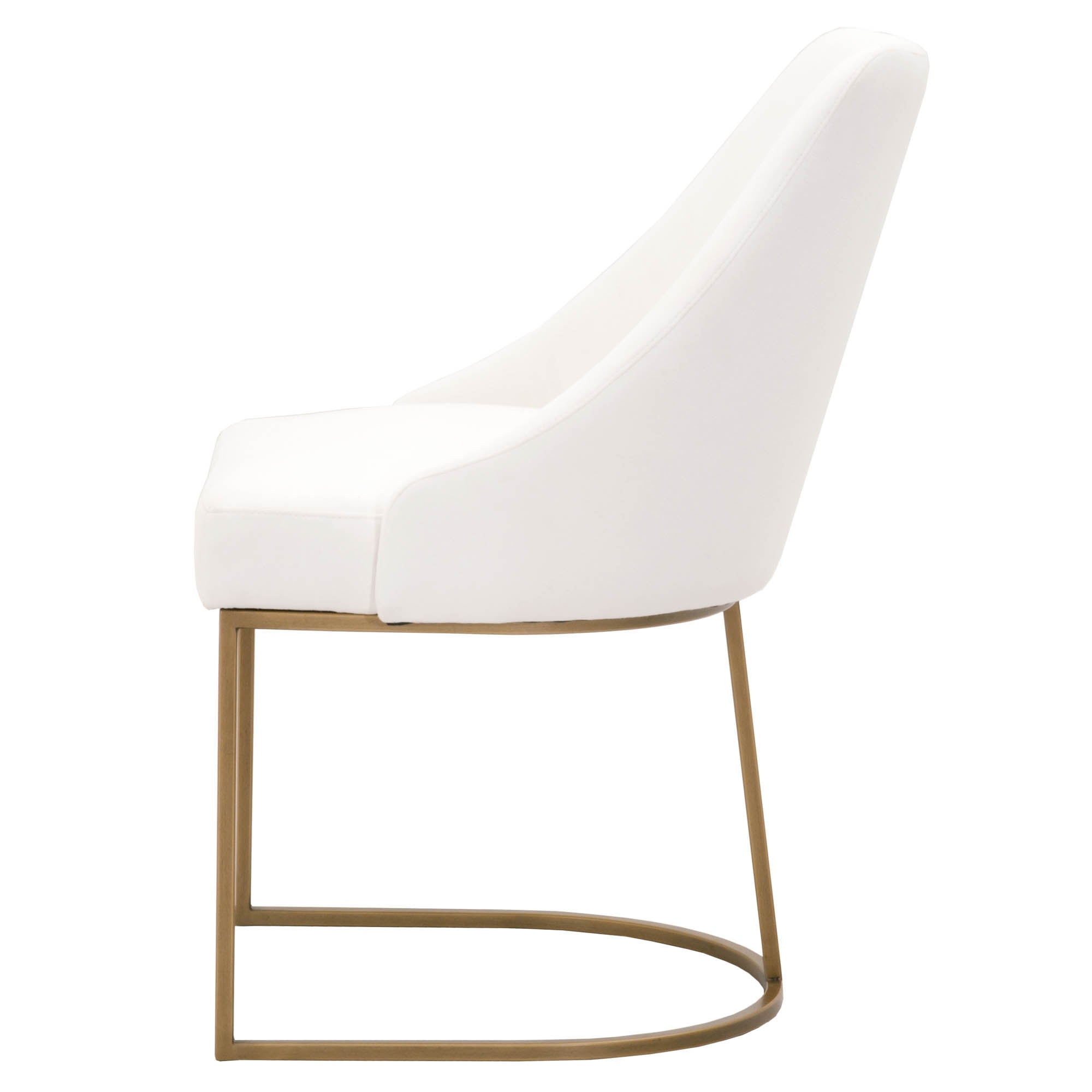 Side view of a white upholstered dining chair with a modern brushed gold cantilever frame by Essentials For Living