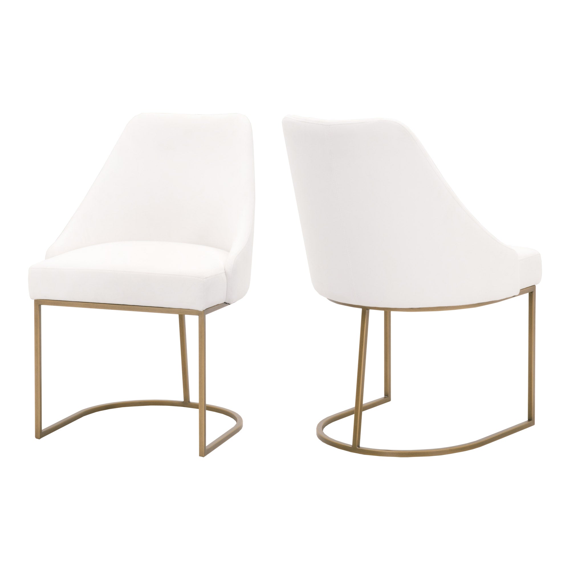 Pair of white upholstered dining chairs with gold cantilever metal frames and curved backrests by Essentials for Living