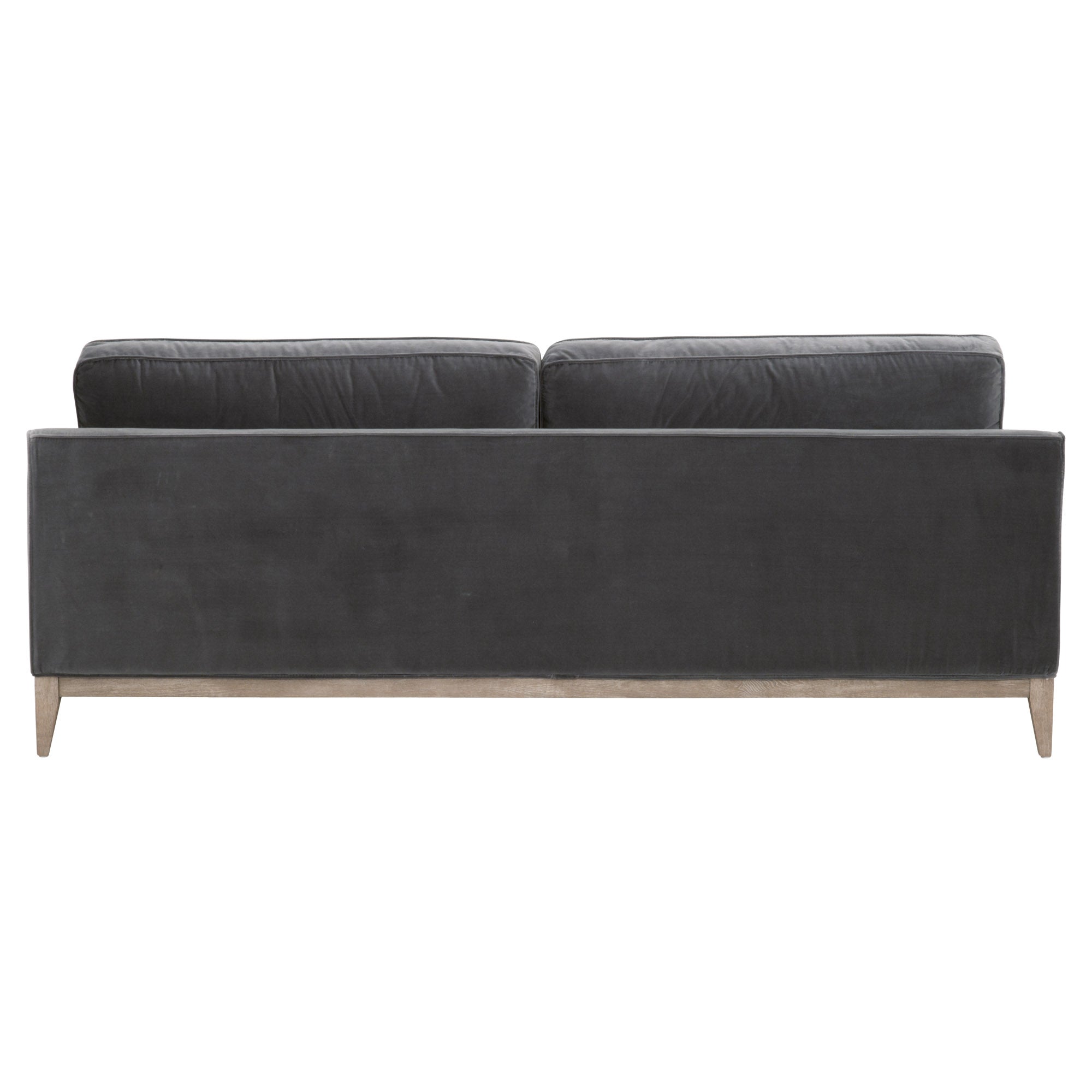 Rear view of Essentials for Living Parker 86 velvet sofa with natural gray oak base and clean lines