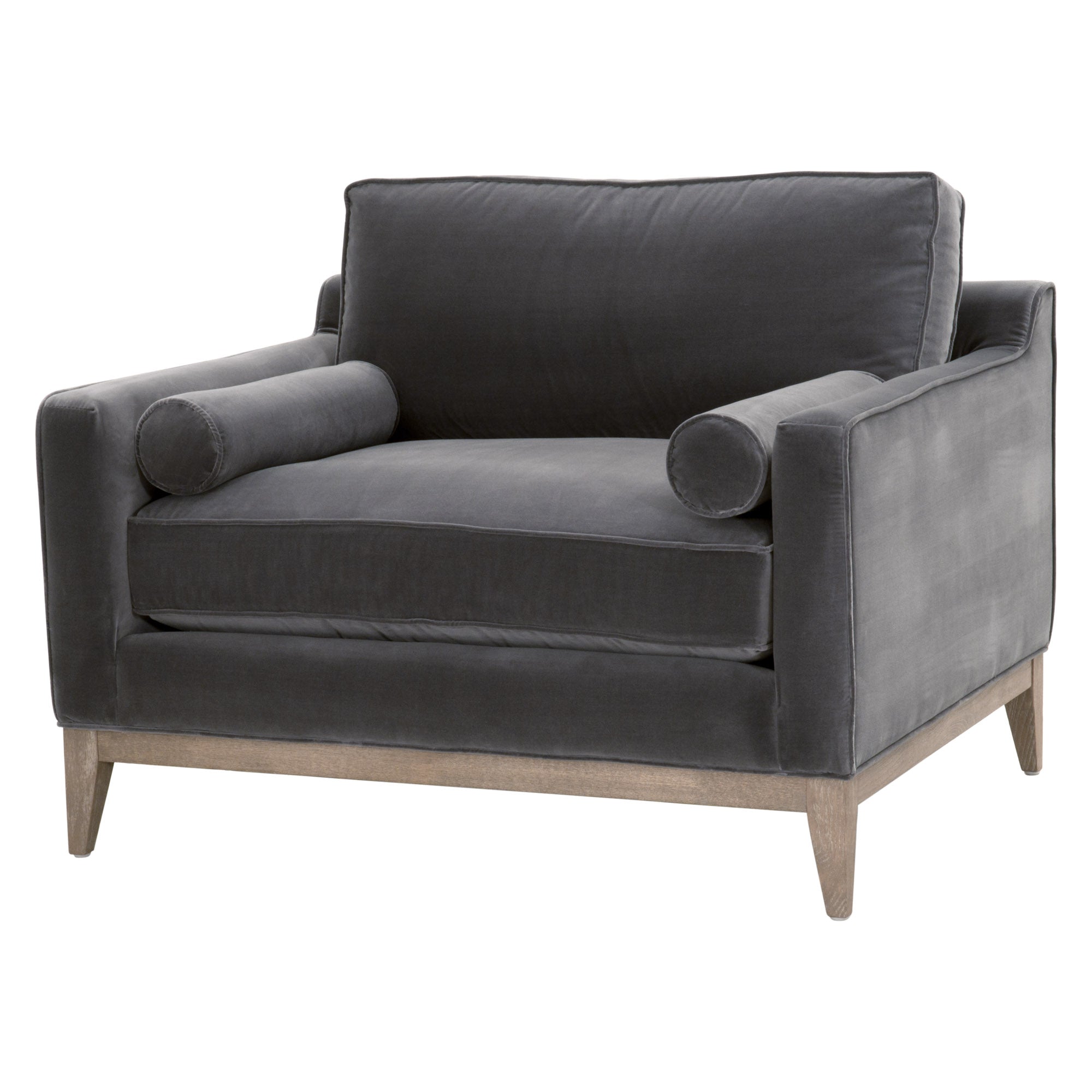 Essentials for Living plush velvet sofa chair with natural gray oak base and two round bolster pillows