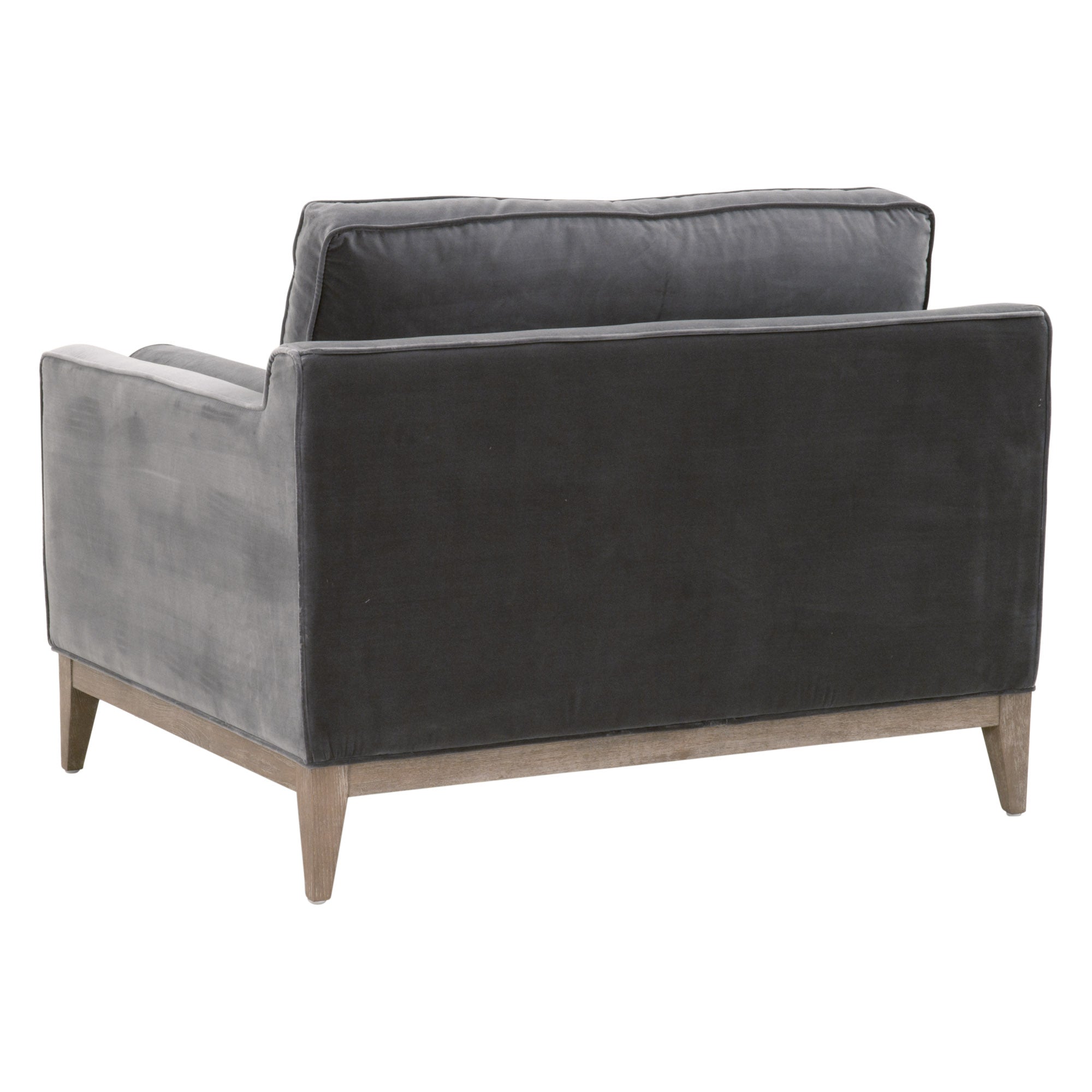 Modern sofa chair in dark velvet upholstery with natural wood legs and clean lines for stylish living spaces