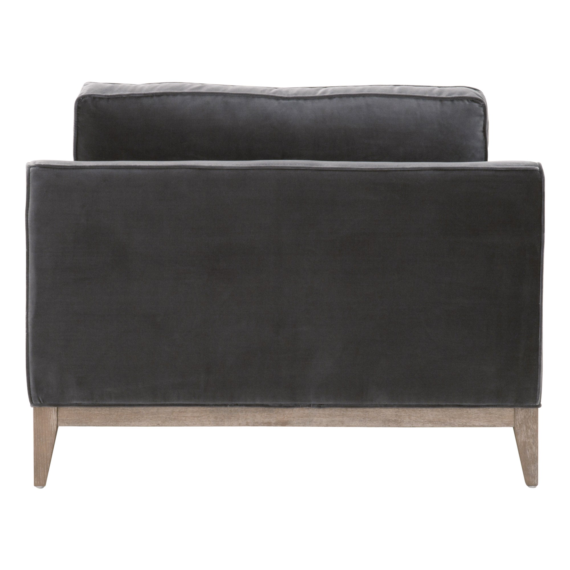 Back view of Essentials For Living Parker sofa chair with dark upholstery and natural gray oak base