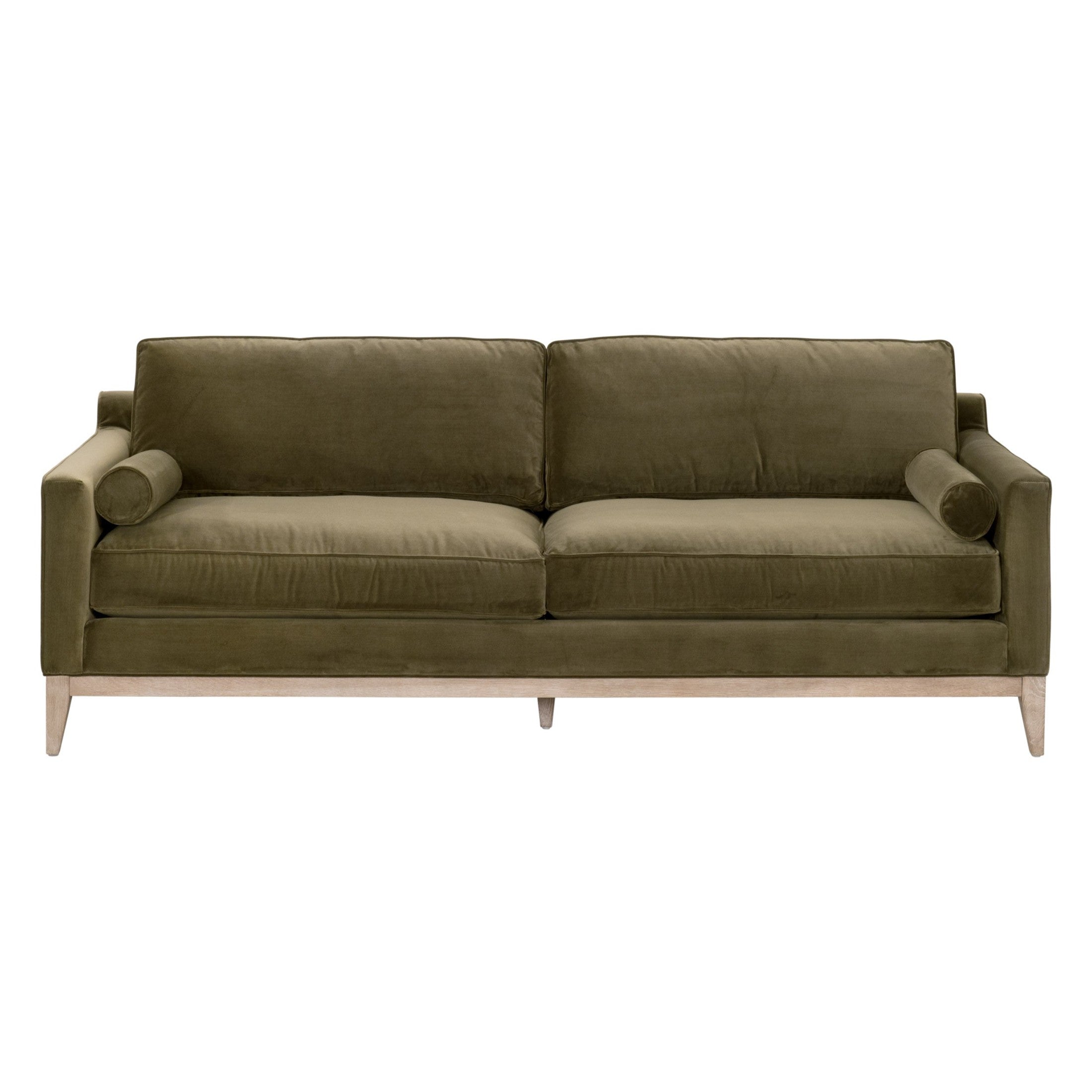 Essentials For Living Parker 86 sofa with olive green velvet upholstery and natural gray oak base in a modern living room style
