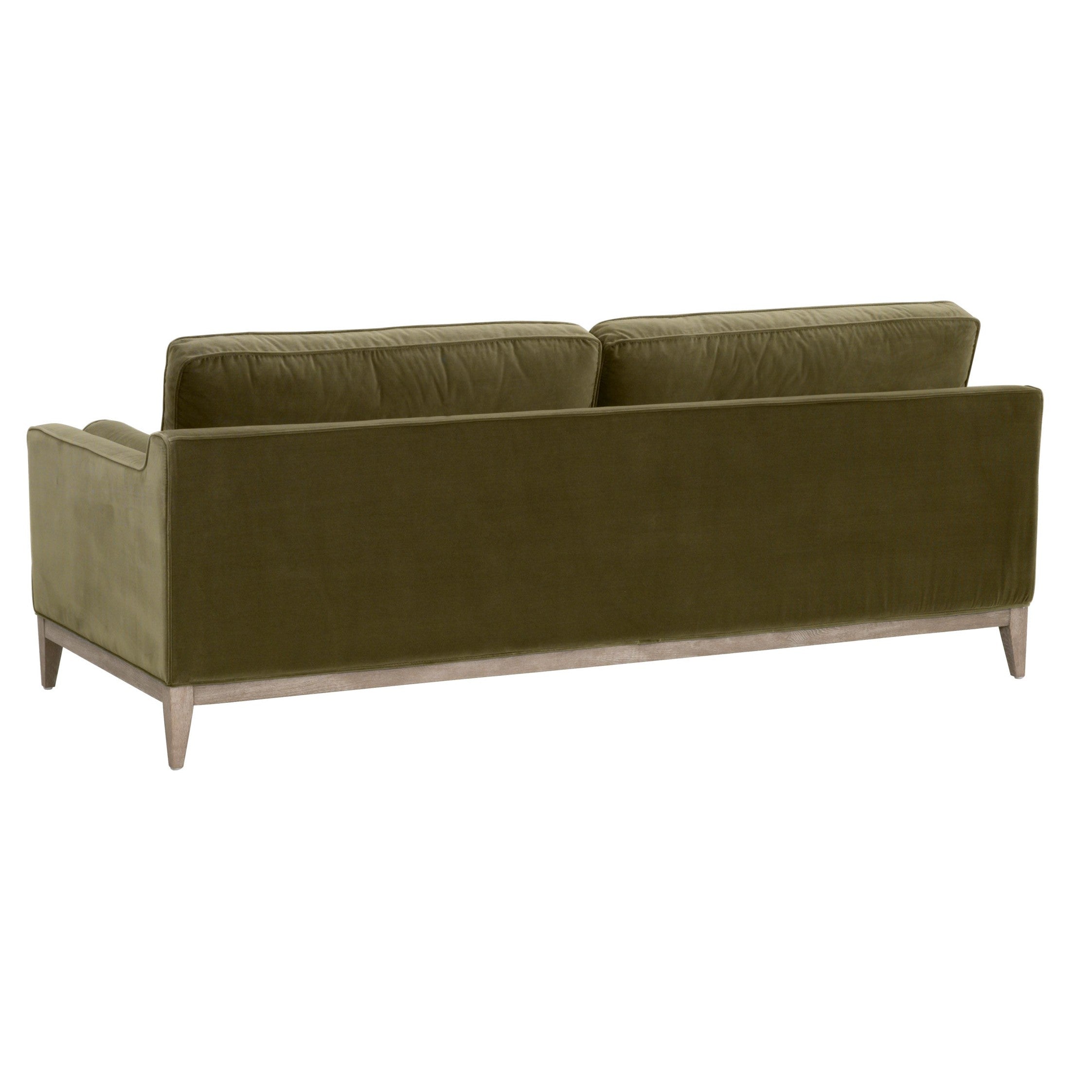 Olive green velvet Parker 86 sofa with natural gray oak base by Essentials For Living shown from the back angle