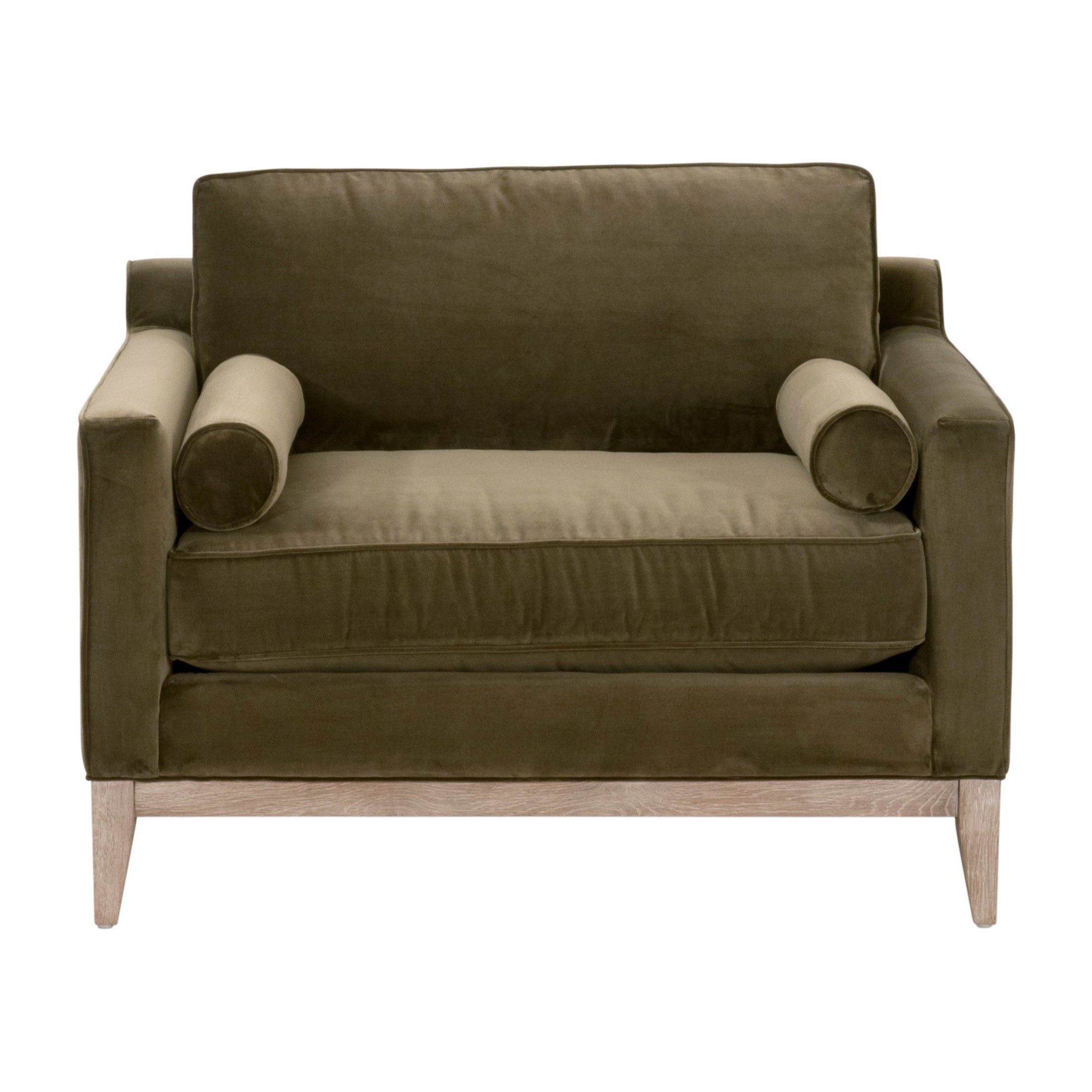 Olive green velvet Parker Post Modern Sofa Chair with natural gray oak base and two round bolster pillows by Essentials for Living