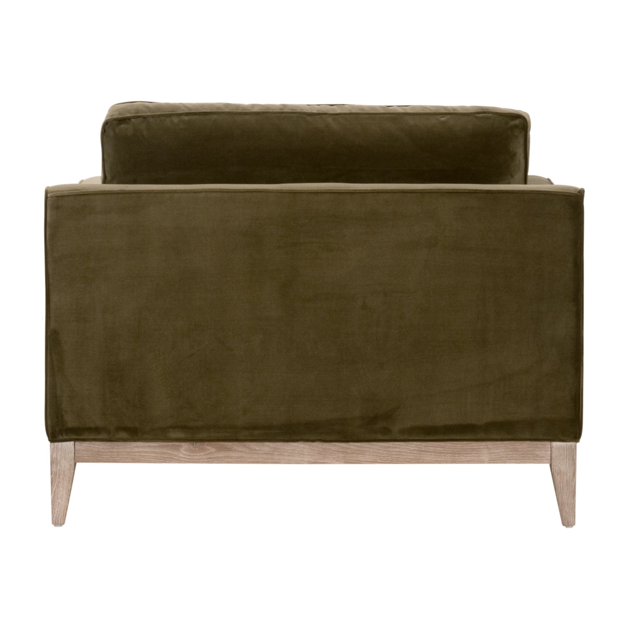 Olive green velvet Parker Post Modern Sofa Chair by Essentials For Living with natural gray oak base viewed from back