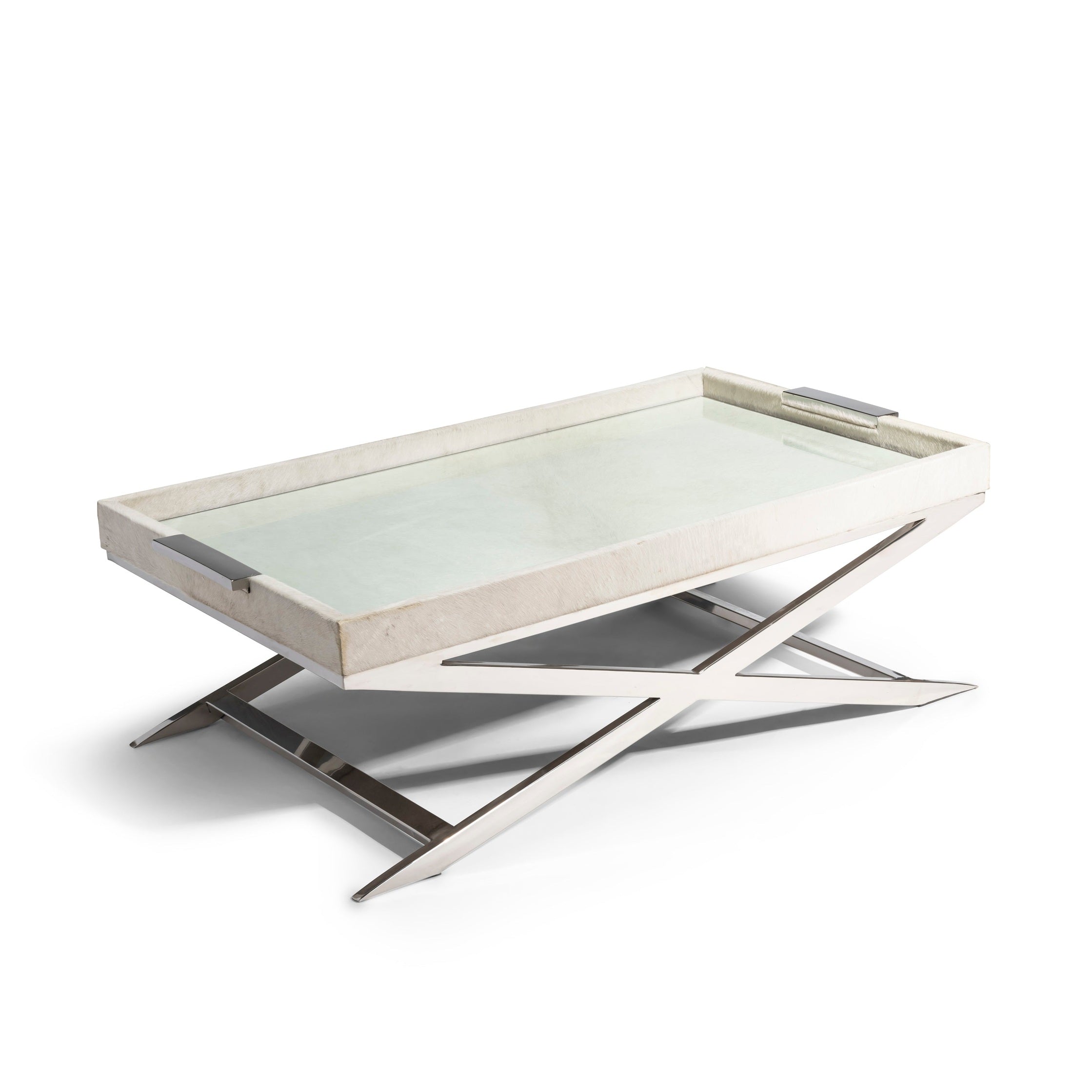 Parse Coffee Table with natural hide, beveled glass top, and polished chrome X-base by GO HOME.