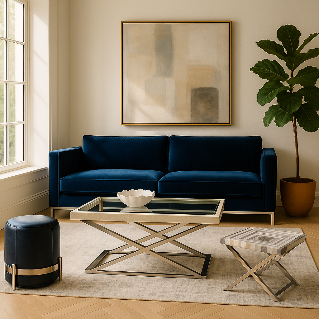 Modern Parse Coffee Table with glass top, chrome X-base, natural hide surface in a stylish living room by GO HOME