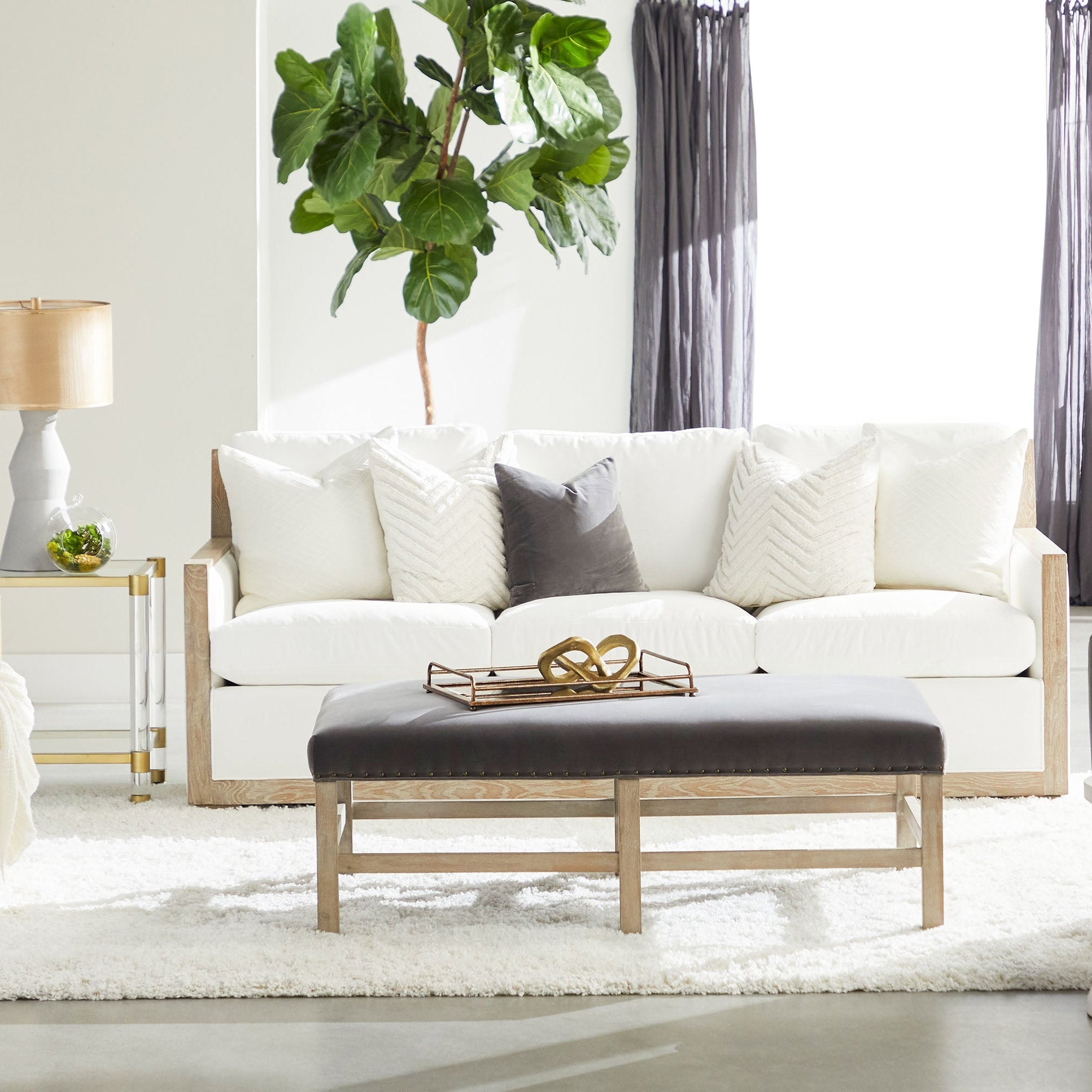 Modern living room with white sofa, dark ottoman bench, tall potted plant, and sheer curtains with natural light
