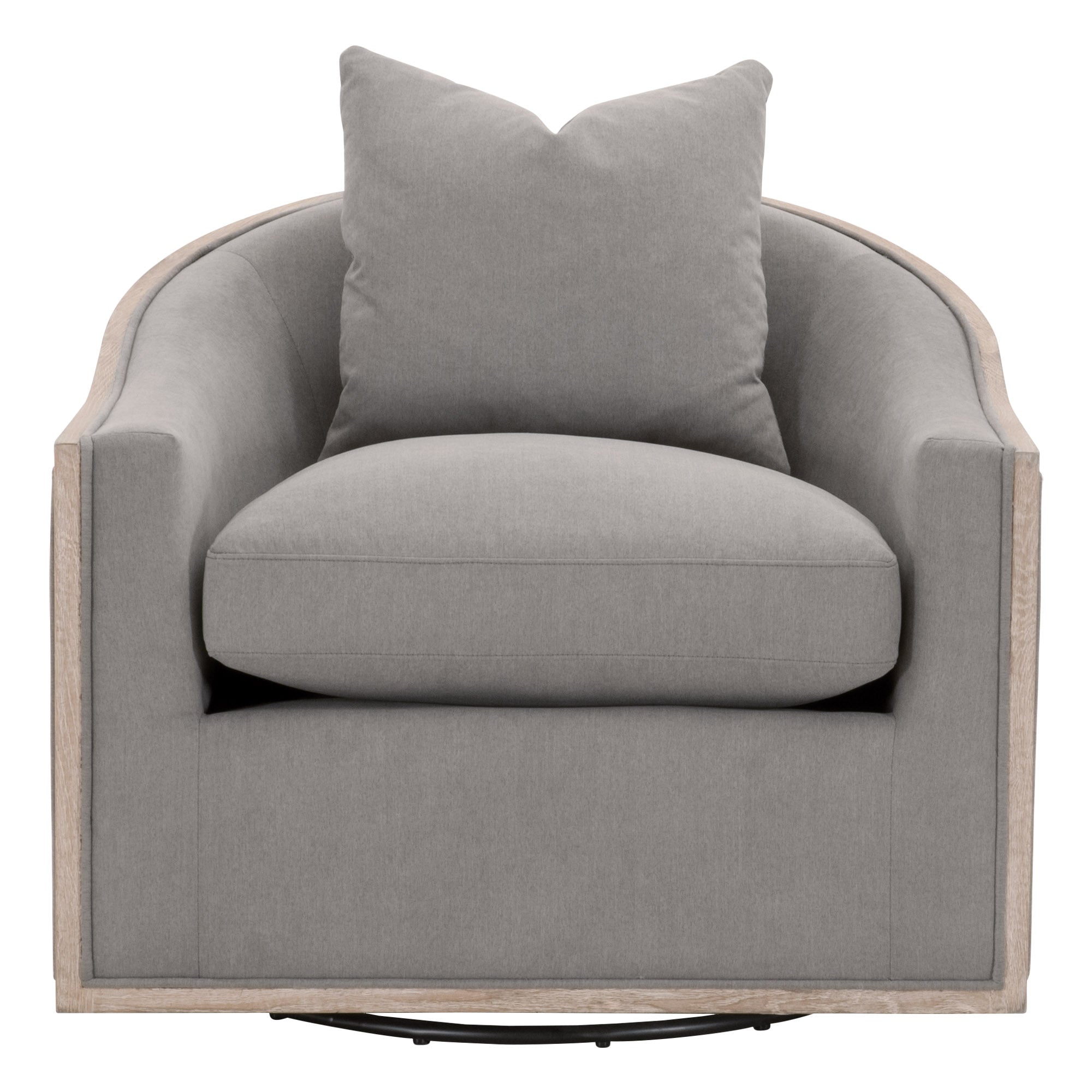 Essentials for Living Paxton Swivel Club Chair in gray with plush cushion and solid oak trim, perfect for cozy living spaces