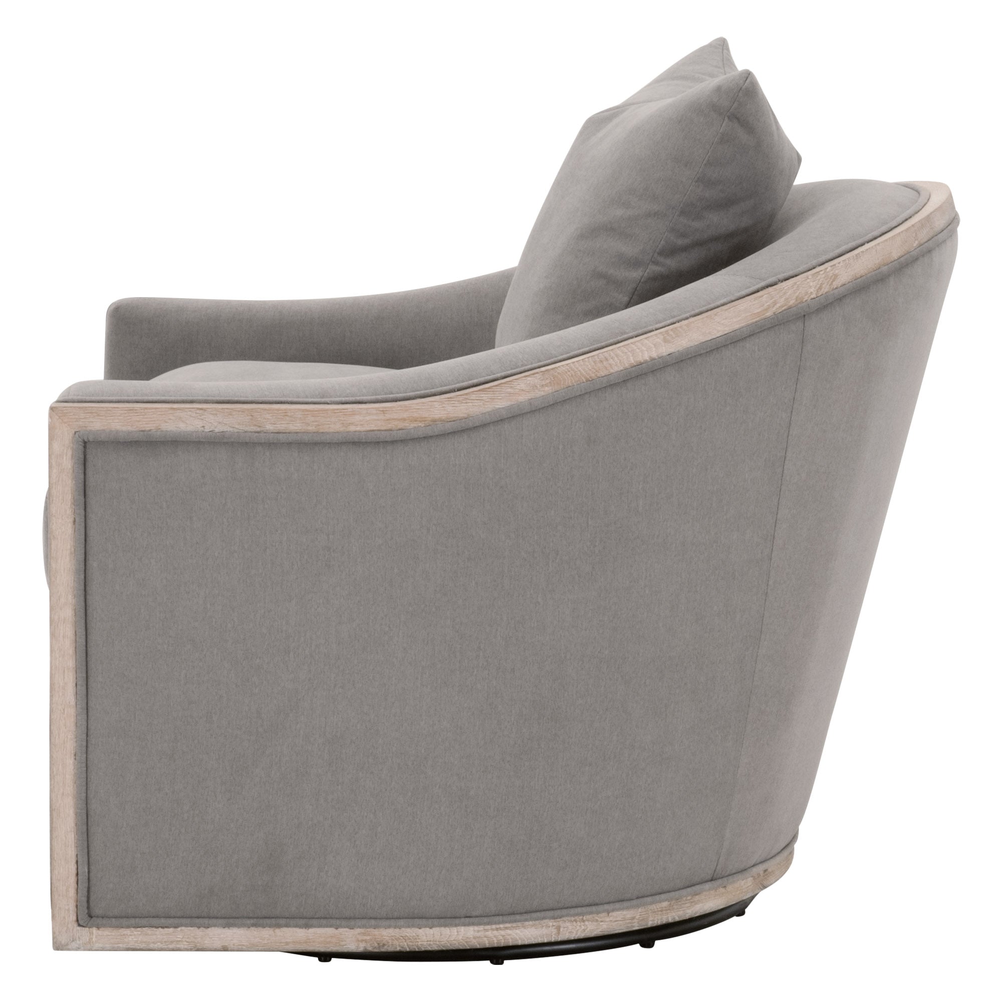 Side view of Essentials for Living Paxton Swivel Club Chair with gray fabric and natural oak trim details.