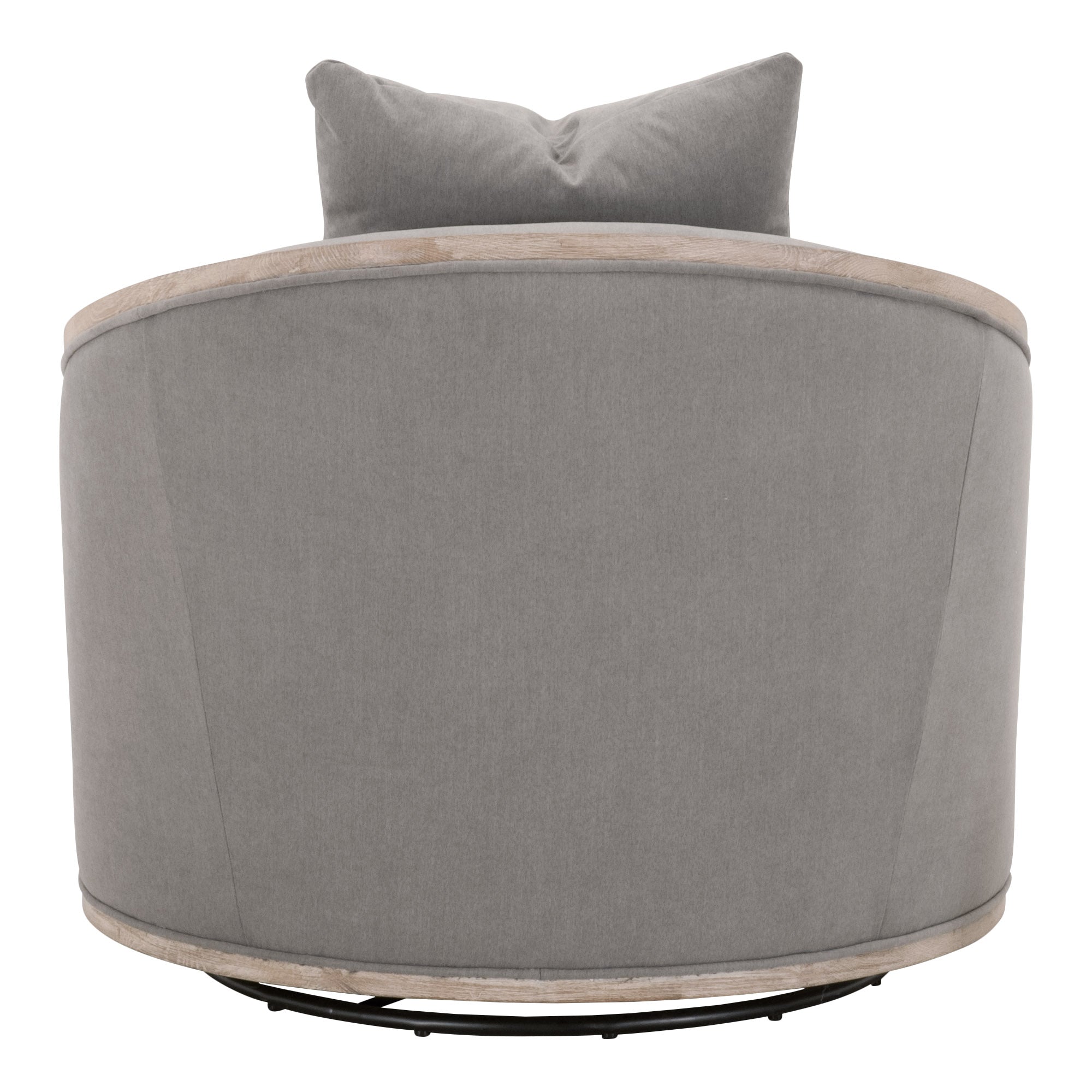 Back view of Essentials For Living Paxton Swivel Club Chair in gray fabric with natural oak trim and down pillow