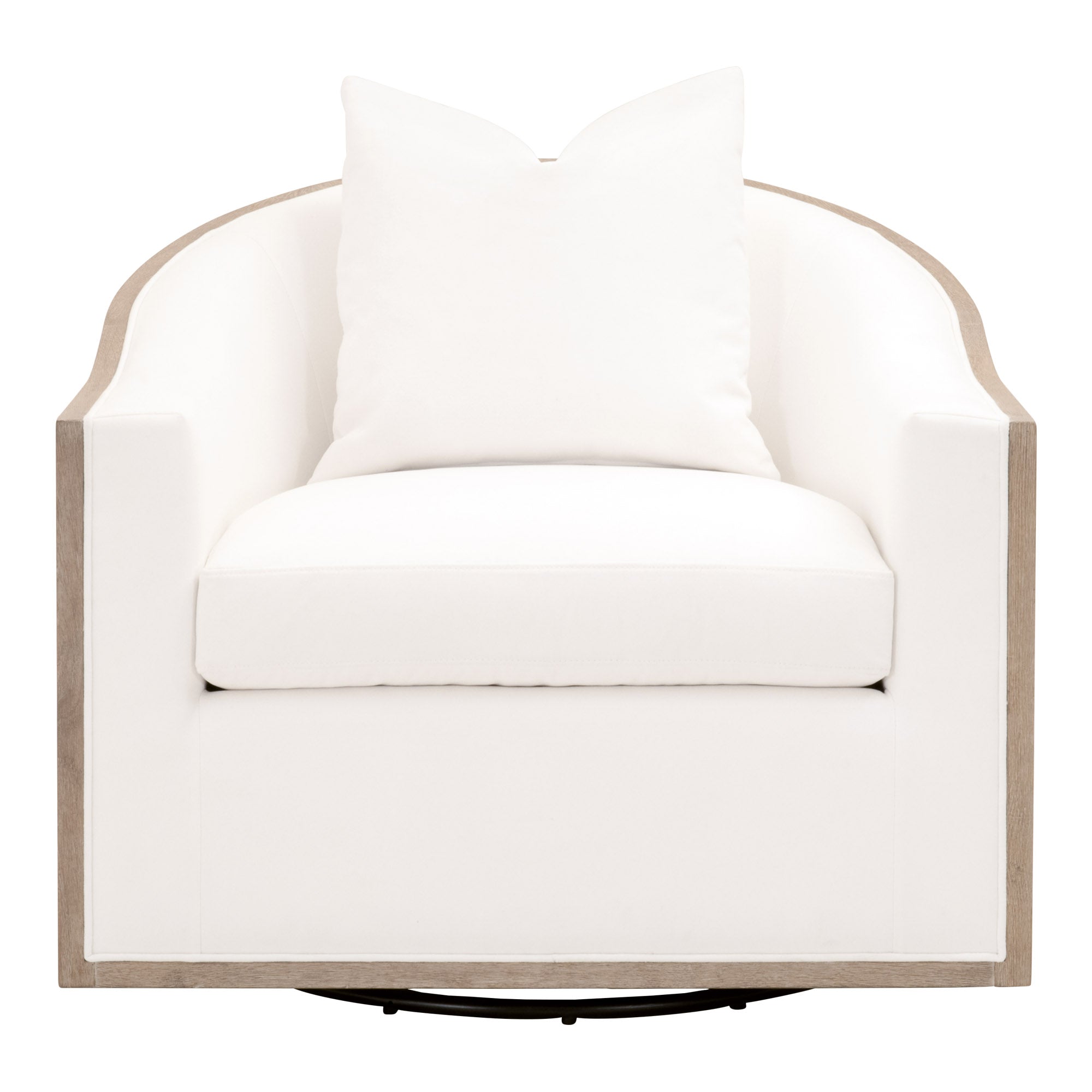 Essentials for Living Paxton Swivel Club Chair with white fabric, wooden trim, and plush cushion in a modern barrel shape