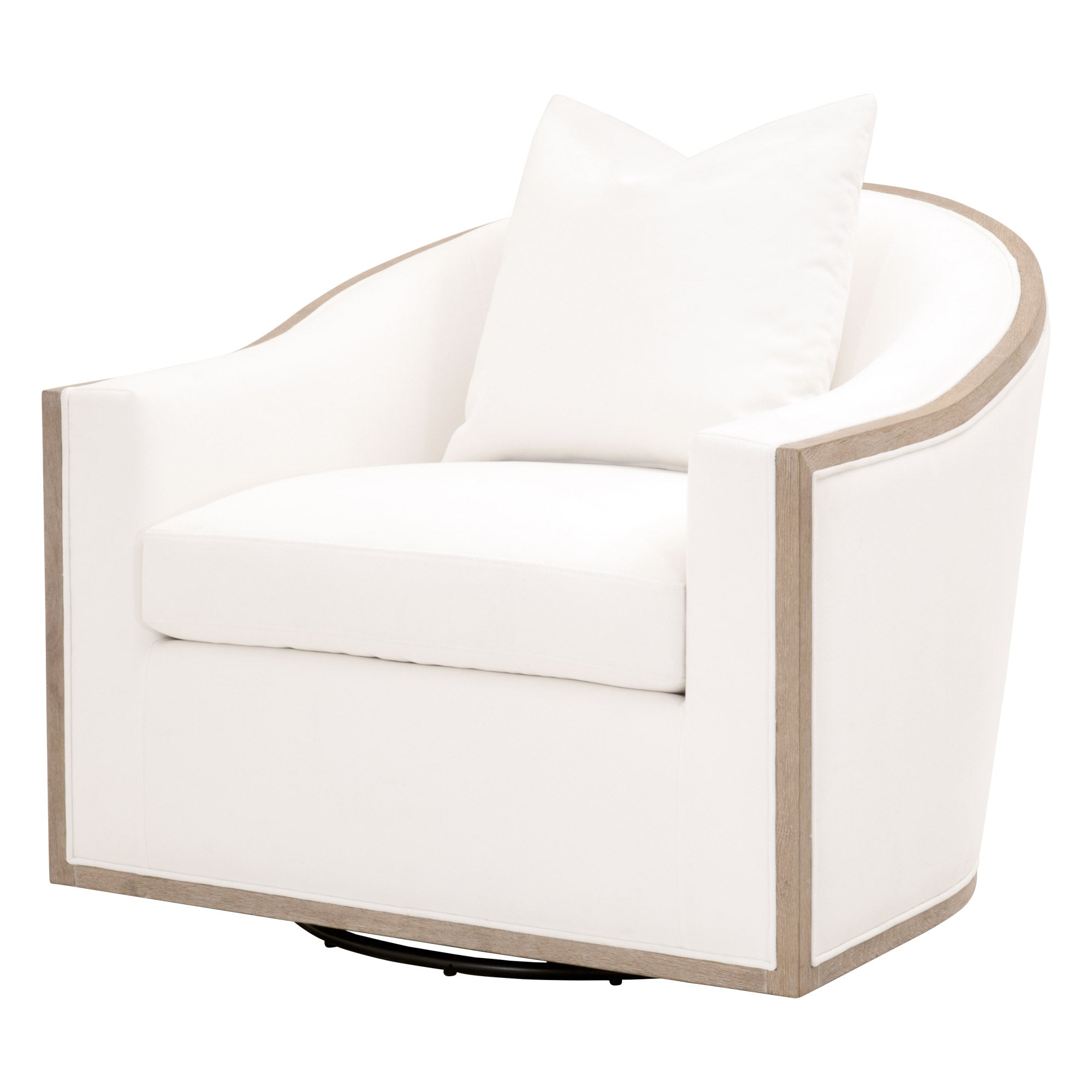 Essentials For Living Paxton Swivel Club Chair in white fabric with natural gray oak trim and plush cushion seating