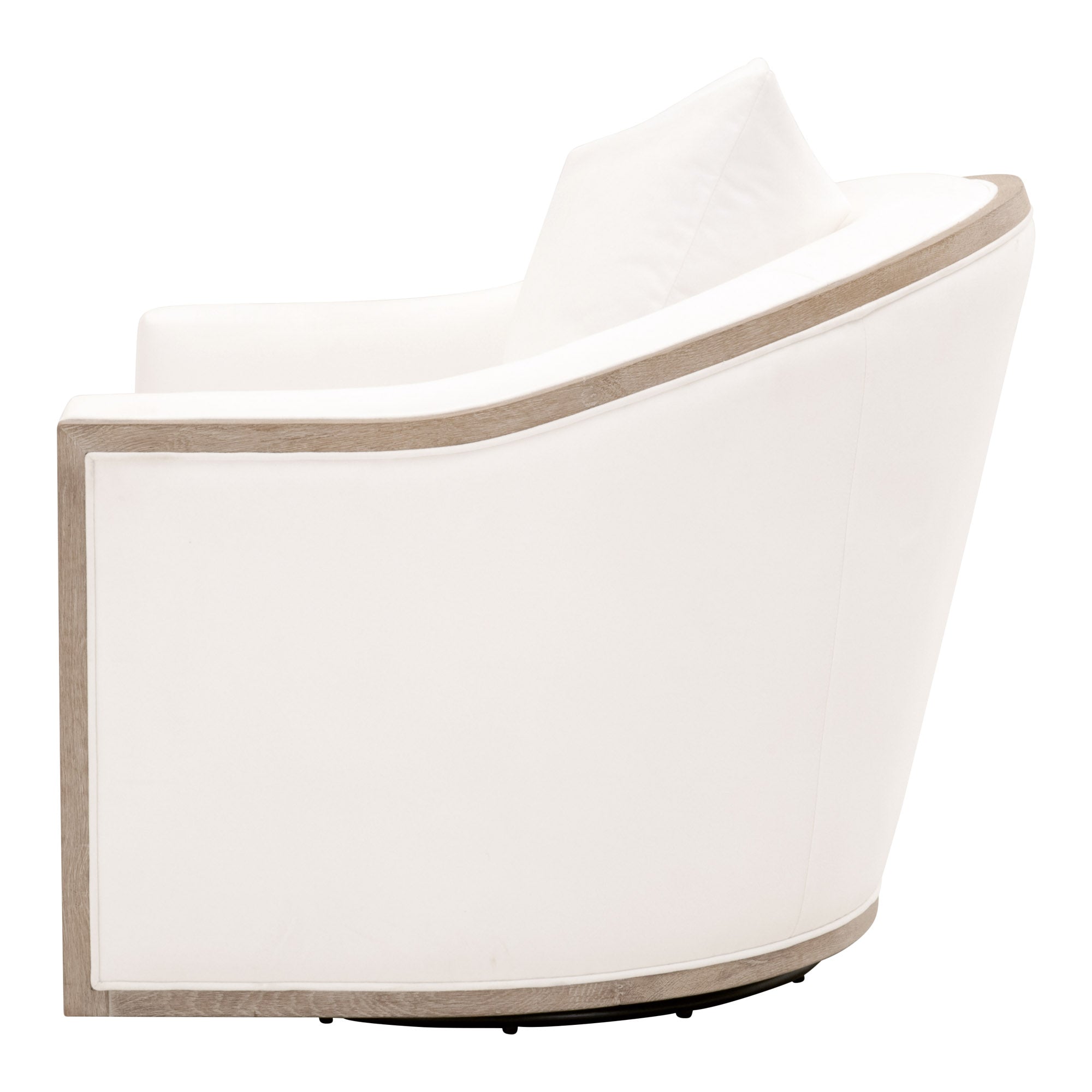 Side view of Essentials For Living Paxton Swivel Club Chair in white fabric with natural gray oak trim and cushioned seat