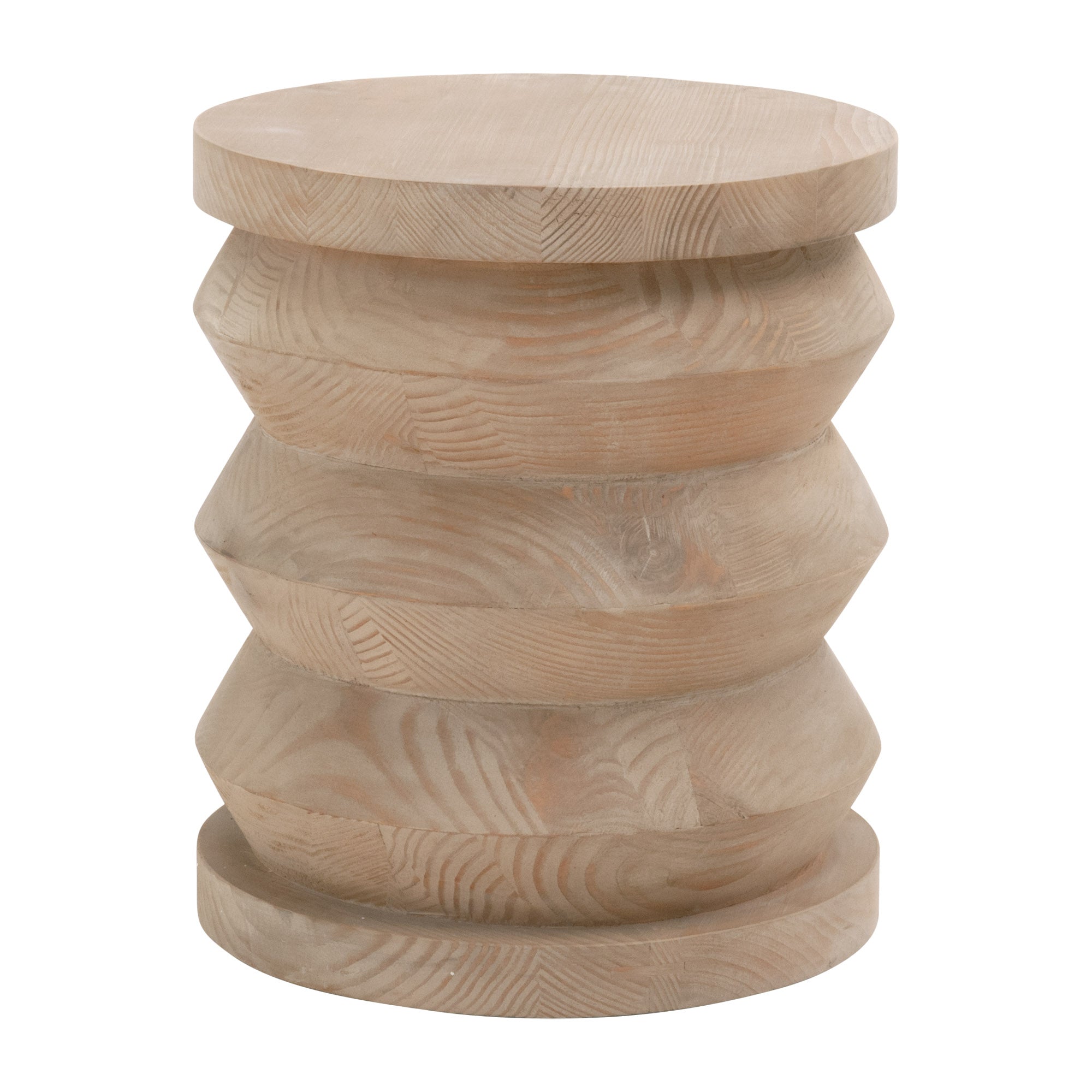 Solid reclaimed pine Pier Accent Table by Essentials for Living with a sculptural cylindrical design and natural finish