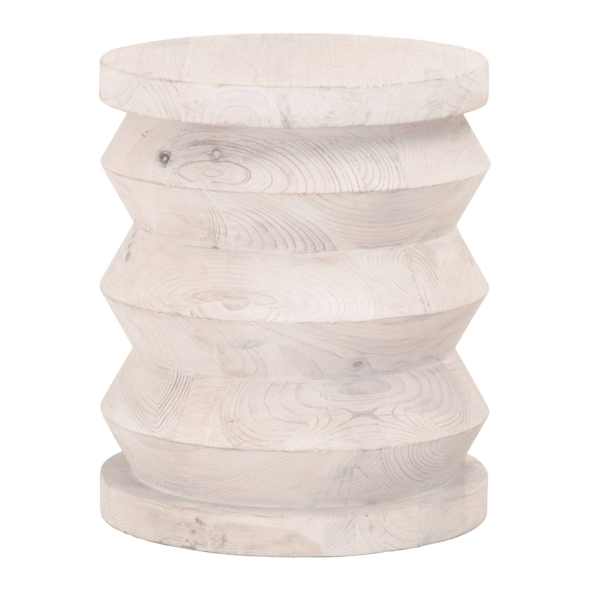 Essentials For Living Pier Accent Table in light reclaimed wood with a unique sculpted cylindrical design