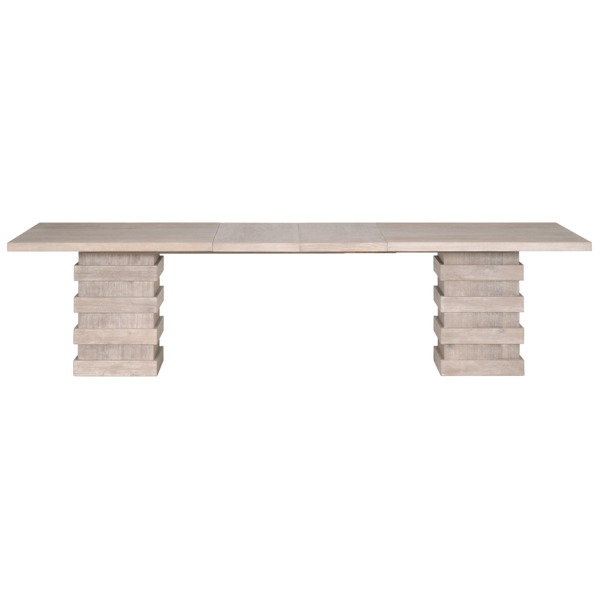 Plaza Extension Dining Table in natural gray acacia with double pedestal base by Essentials for Living