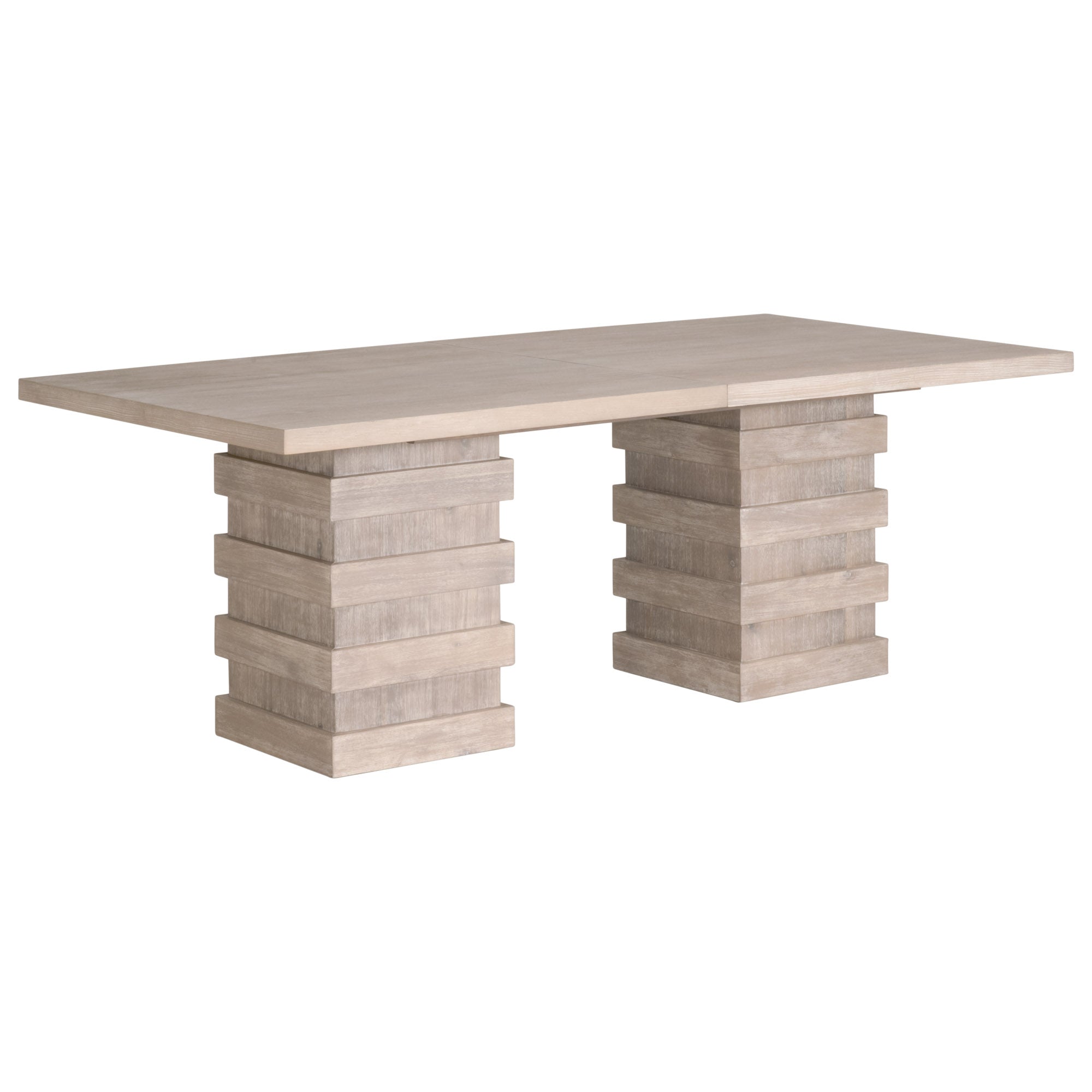 Plaza Extension Dining Table with double pedestal base in natural gray acacia wood by Essentials For Living