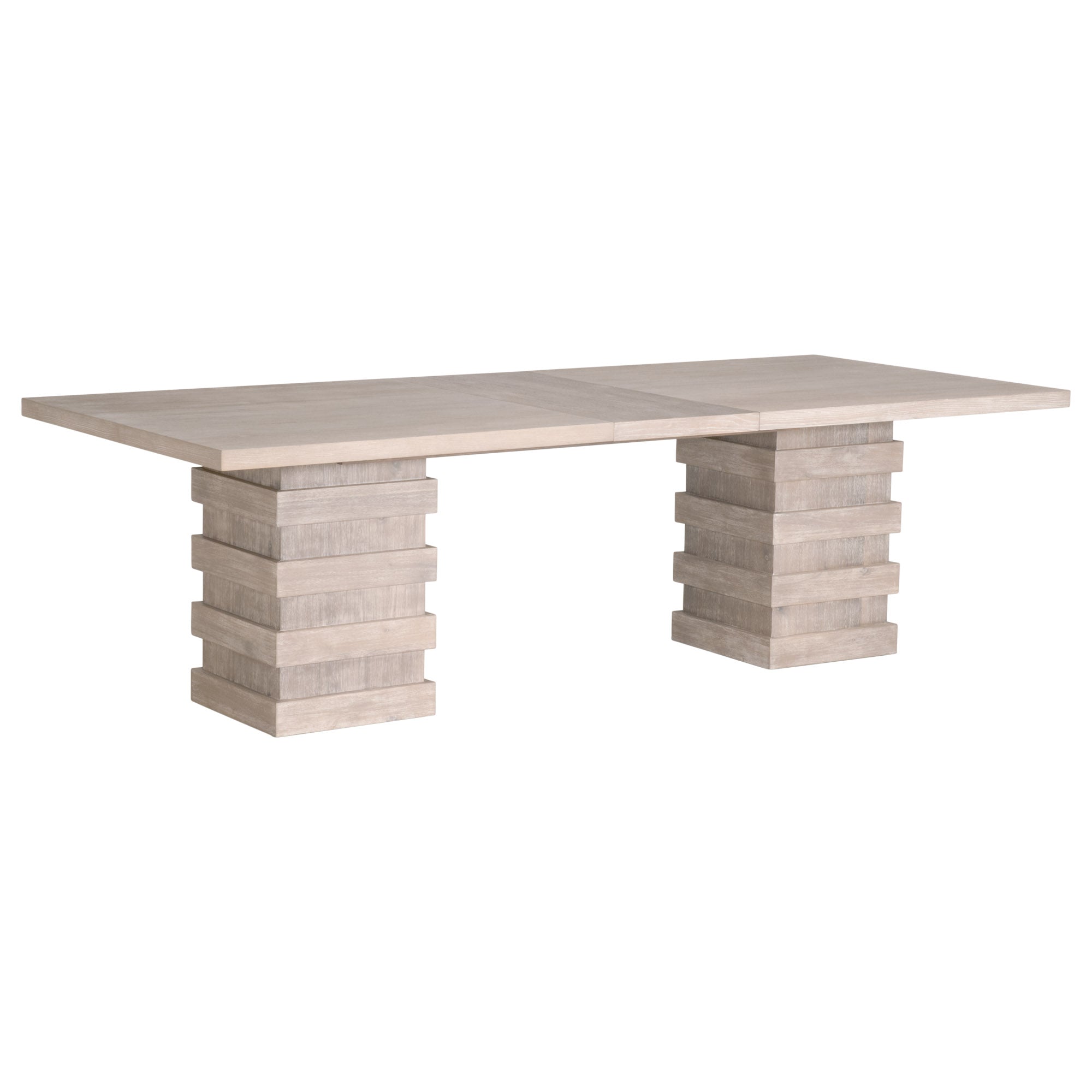Plaza Extension Dining Table with double pedestal base in natural gray acacia wood by Essentials for Living