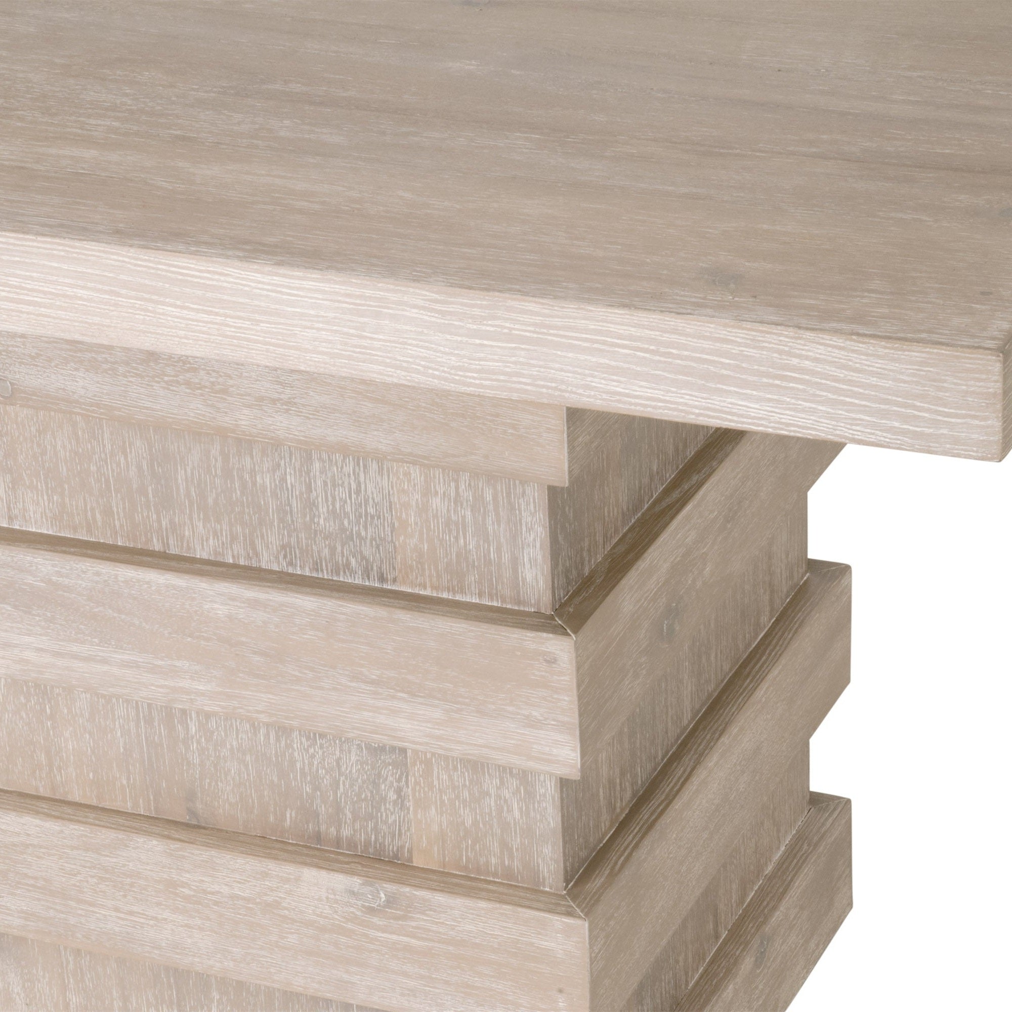 Close-up of stacked column pedestal base on Plaza Extension Dining Table in natural gray acacia by Essentials For Living