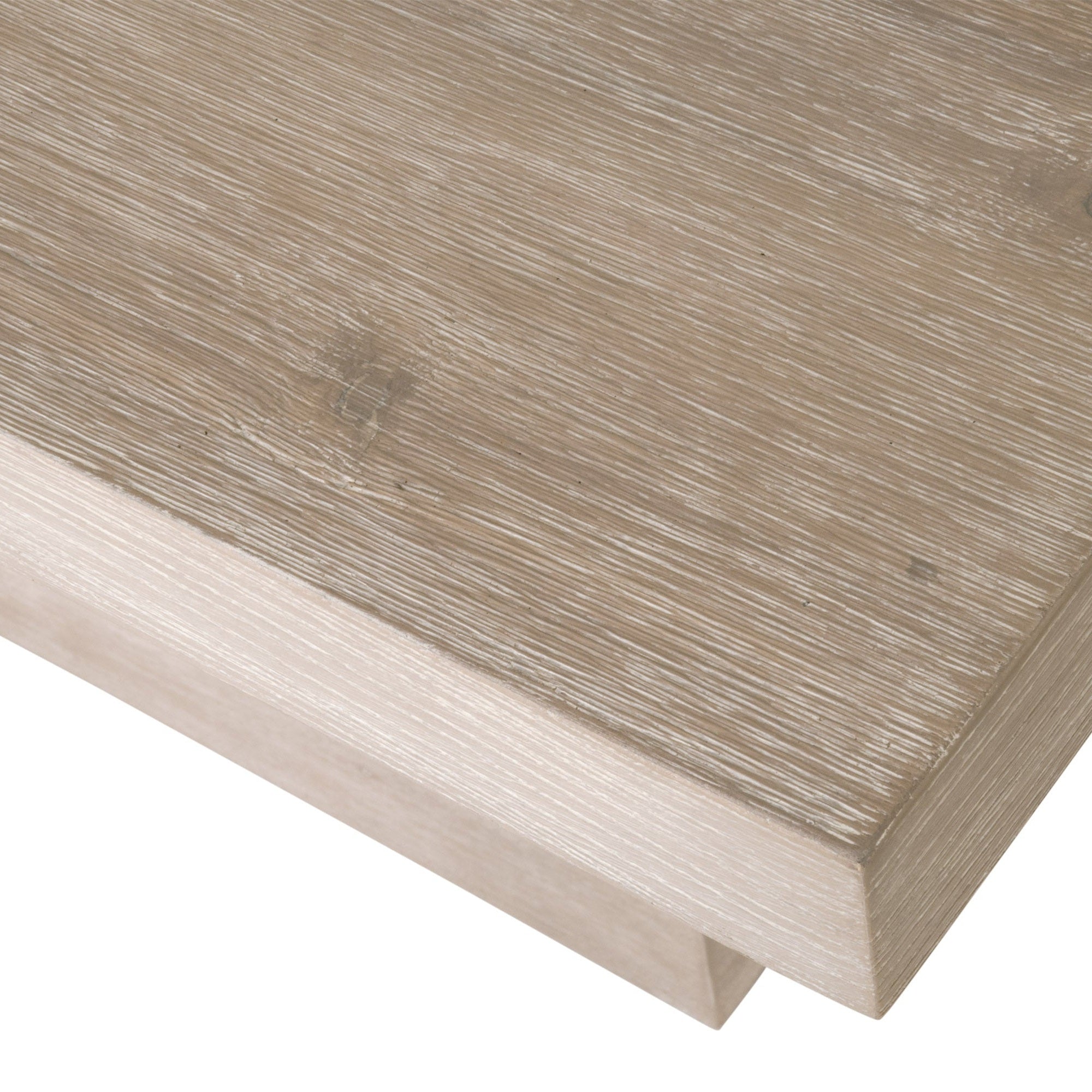 Close-up of textured natural gray acacia wood top of Plaza Extension Dining Table by Essentials for Living.