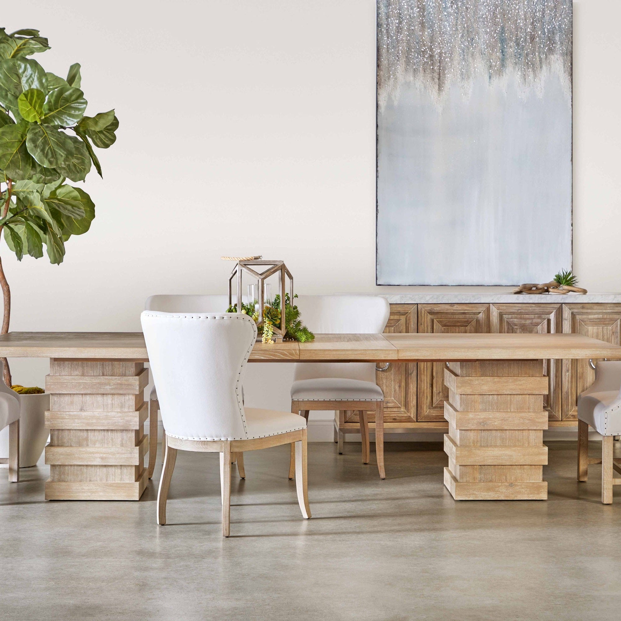 Plaza Extension Dining Table in natural gray acacia wood with double pedestal base by Essentials For Living