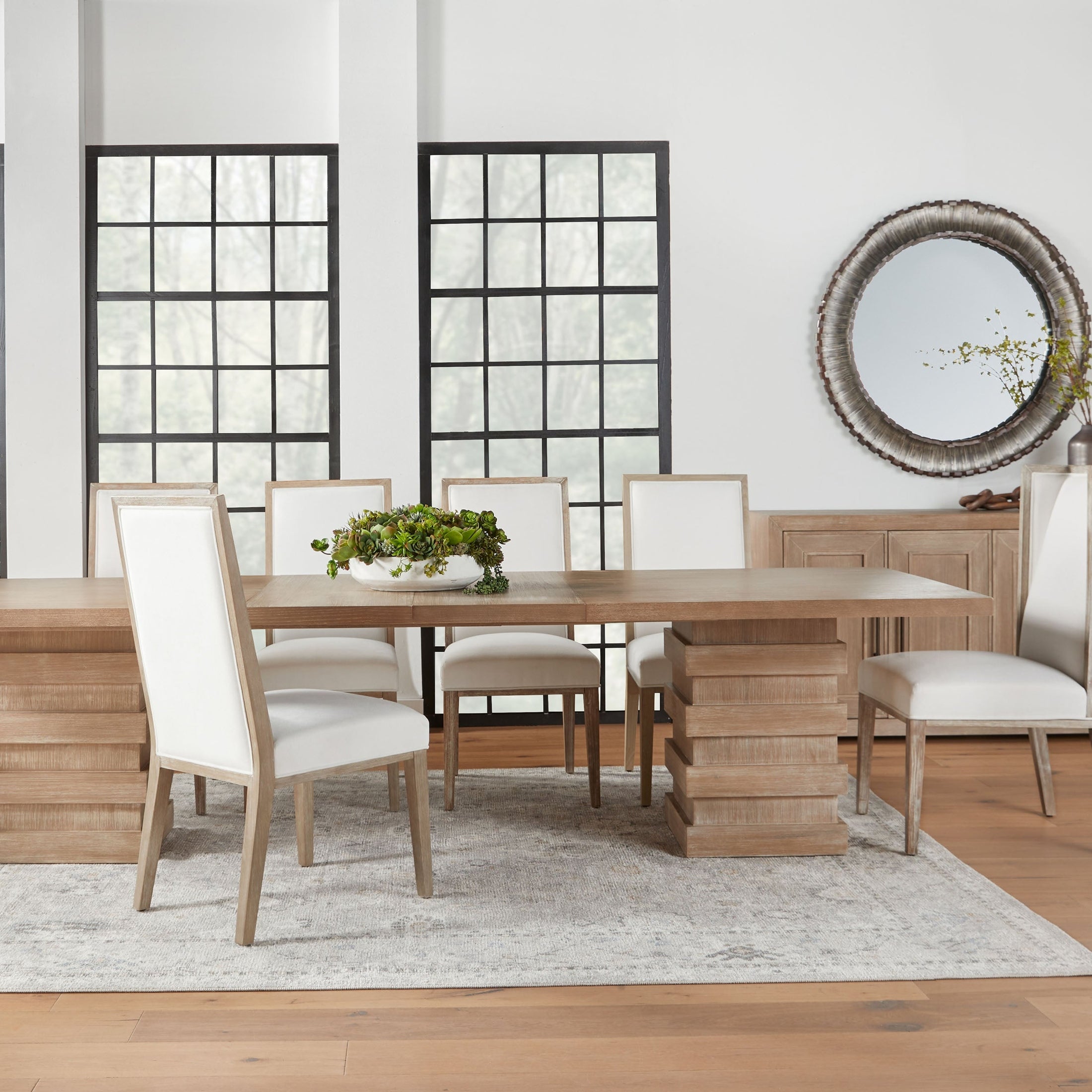 Plaza Extension Dining Table with double pedestal base in natural gray acacia wood by Essentials for Living